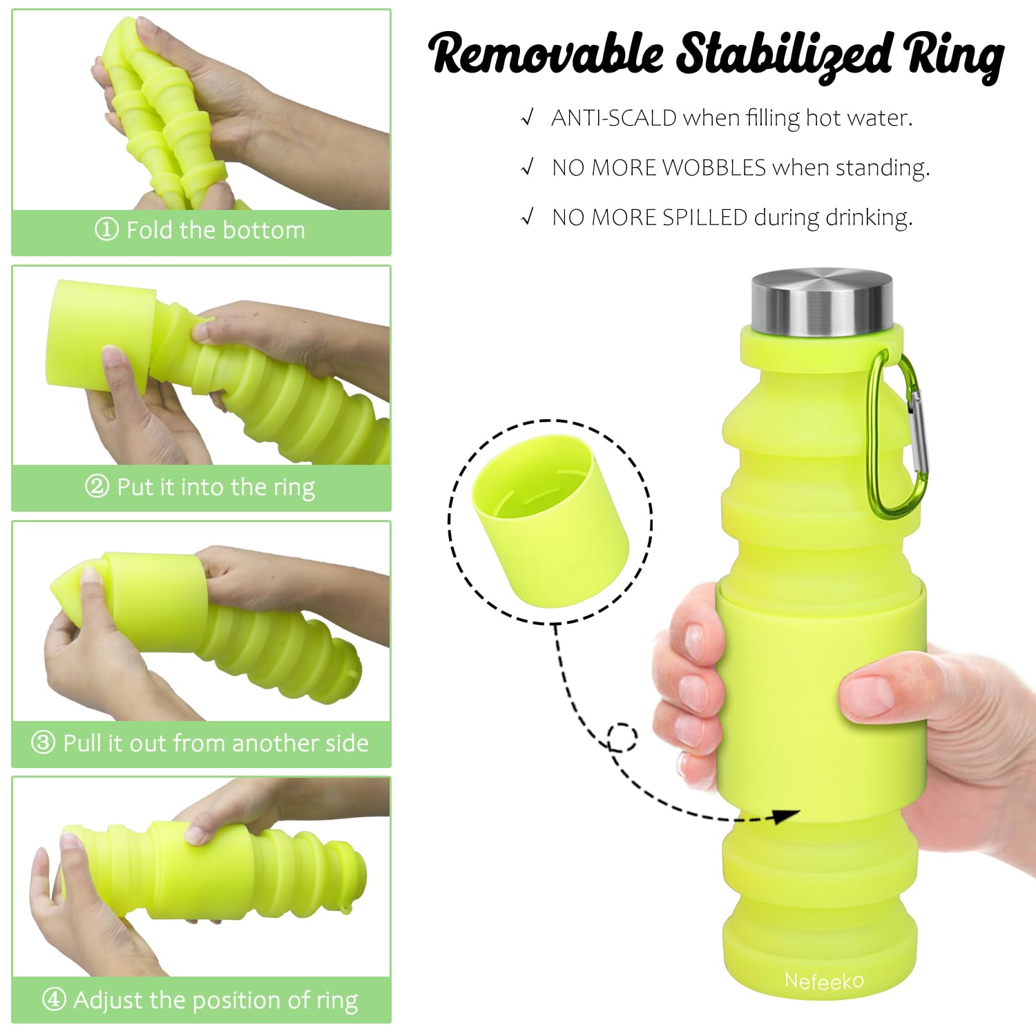 Nefeeko Collapsible Water Bottle, Reuseable Bpa Free Silicone Foldable Water Bottles For Travel Gym Camping Hiking, Portable Lea