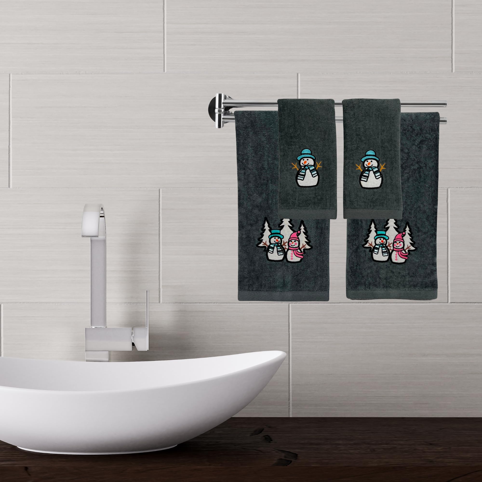Luxury Holiday Christmas Hand Towels, Embroidered Snowmen, Forest Trees, Velour Terry Cotton, Grey, Set Of 2