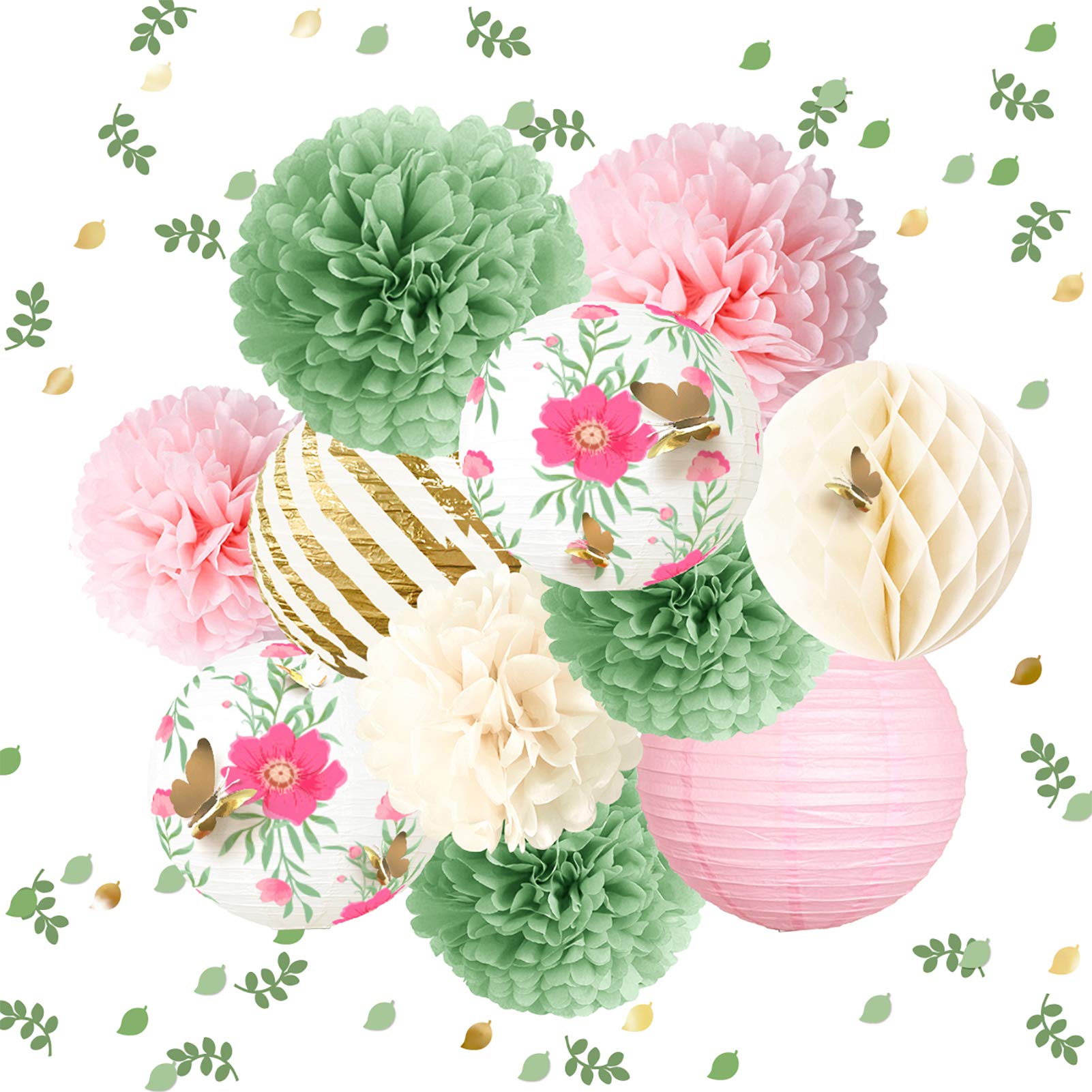 Nicrolandee 12Pcs Green Pink Blooms Tissue Pom Poms Paper Lantern 3D Gold Confetti 50G For Garden Birthday, Fairy Party, Butterf