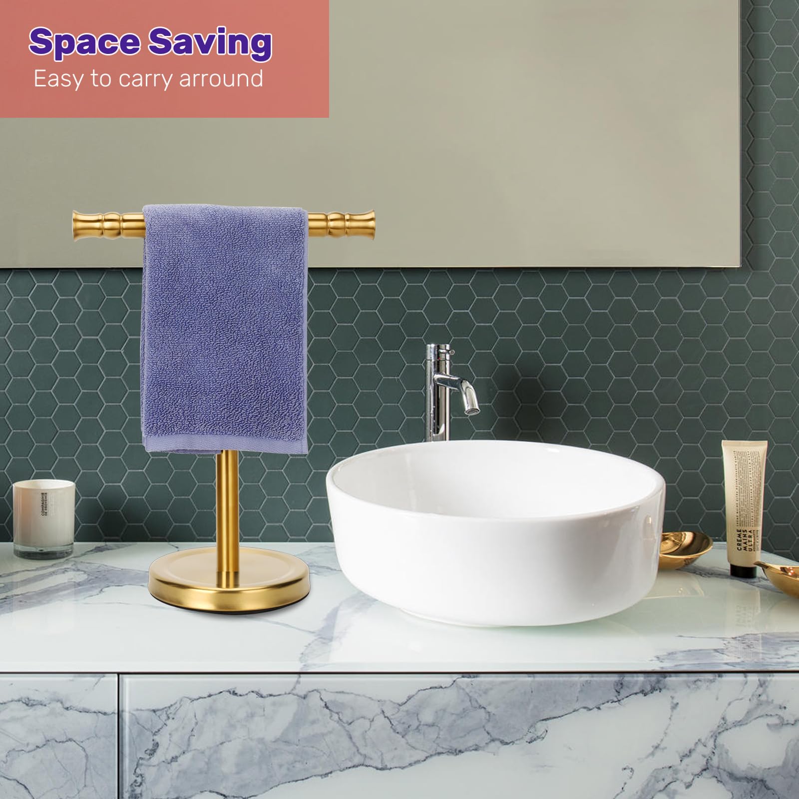 Sfemn Gold Hand Towel Holder Stand For Bathroom Vanity Countertop Sus304 Stainless Steel T-Shape Free Standing Towel Rack Stand