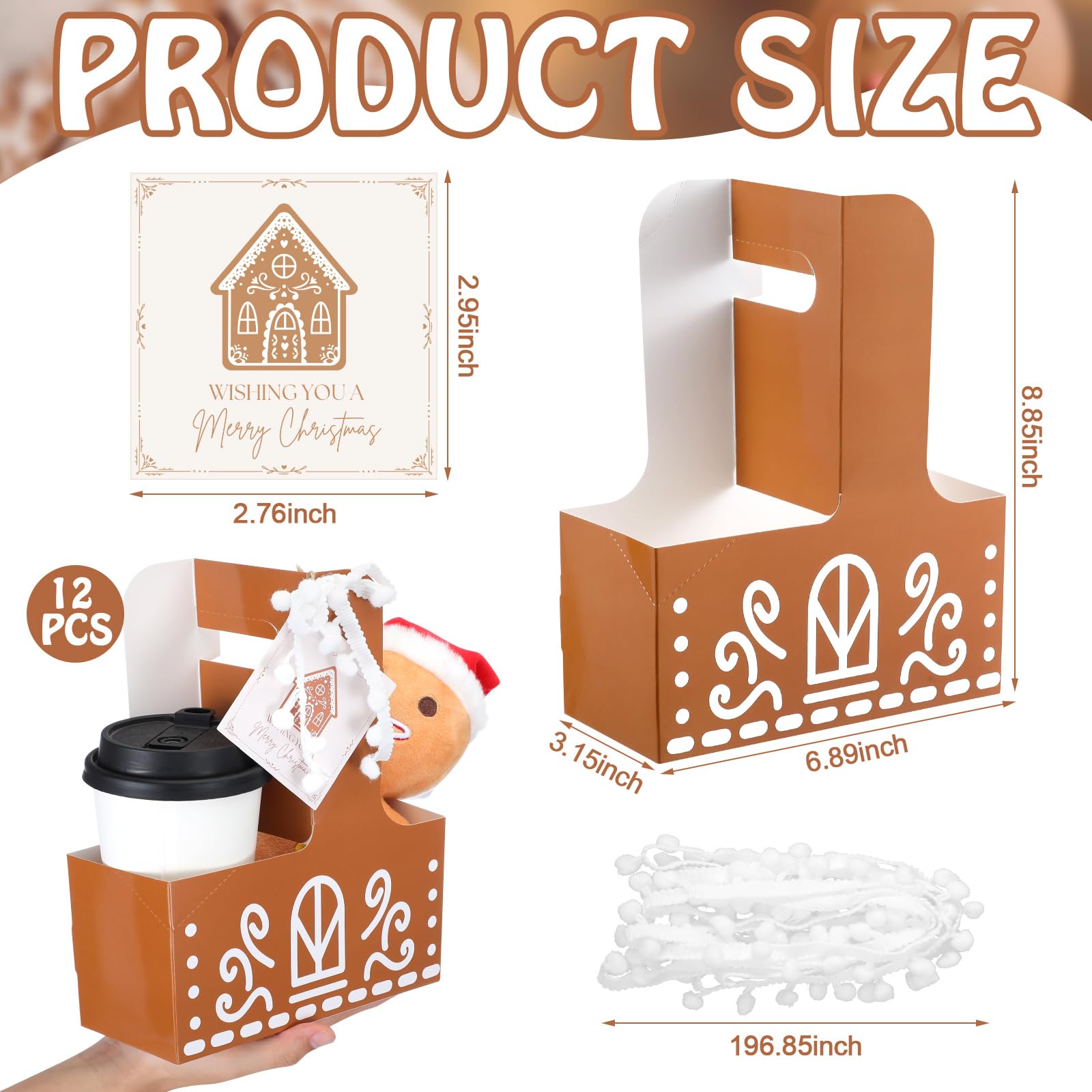 Marspark 12 Set Christmas Drink Carrier with Handle 2 Cup Gingerbread House Drink Carrier Gingerbread Gift Bags with Greeting Ca