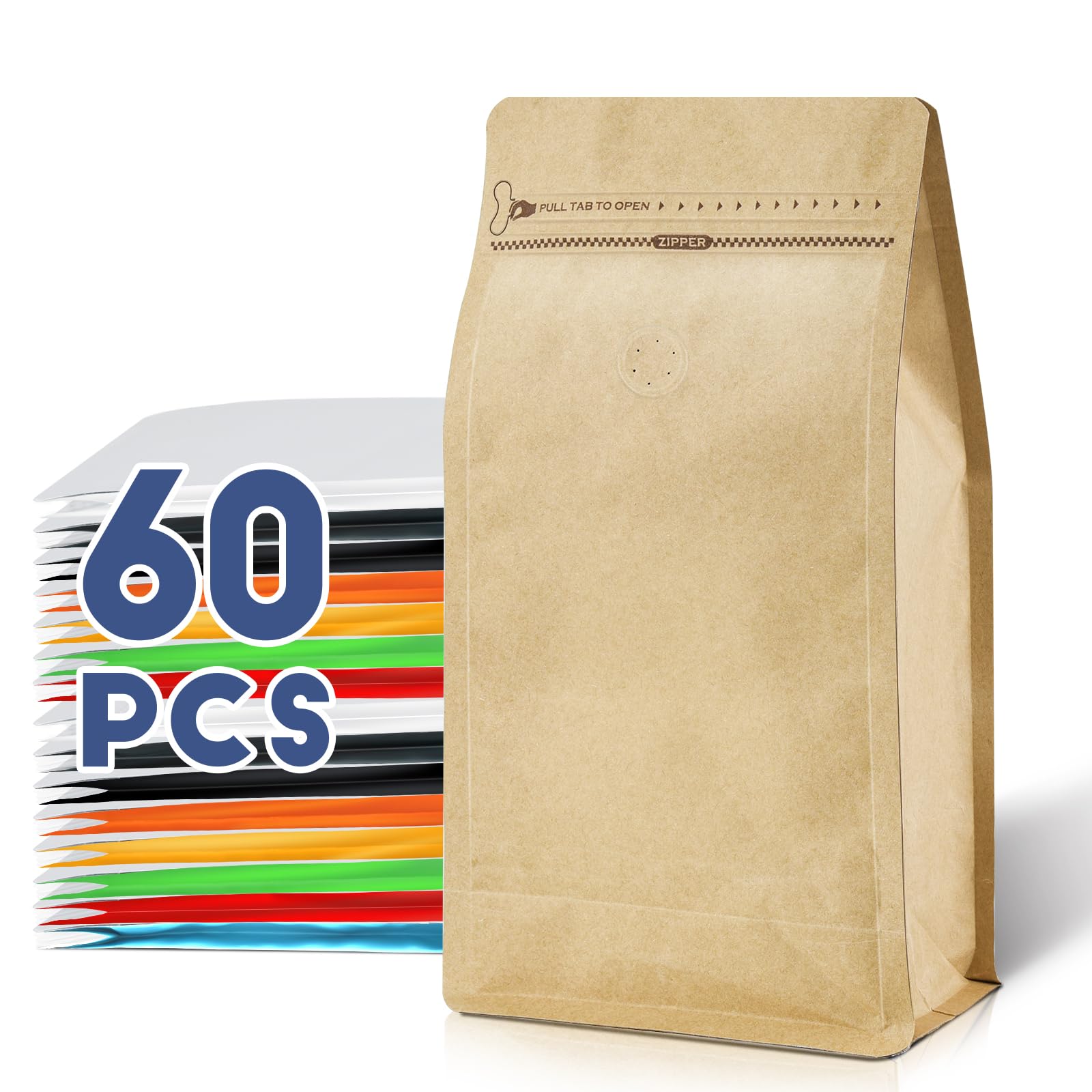 Coffee Bags with Valve(60pcs,16oz,1 lb) Vented Coffee Beans Packaging Bags High Barrier Aluminumed Foil Flat Bottom Heat Sealed 