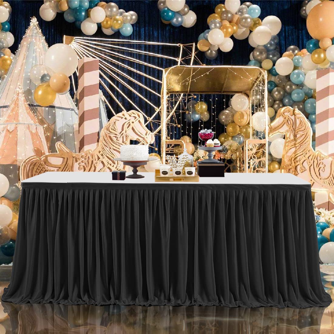 17ft Black Table Skirts for Rectangle Tables Polyester Table Skirt Ruffle Tablecloth for Birthday Party Banquet Black Theme Party Wedding Bridal Shower Table Decorations