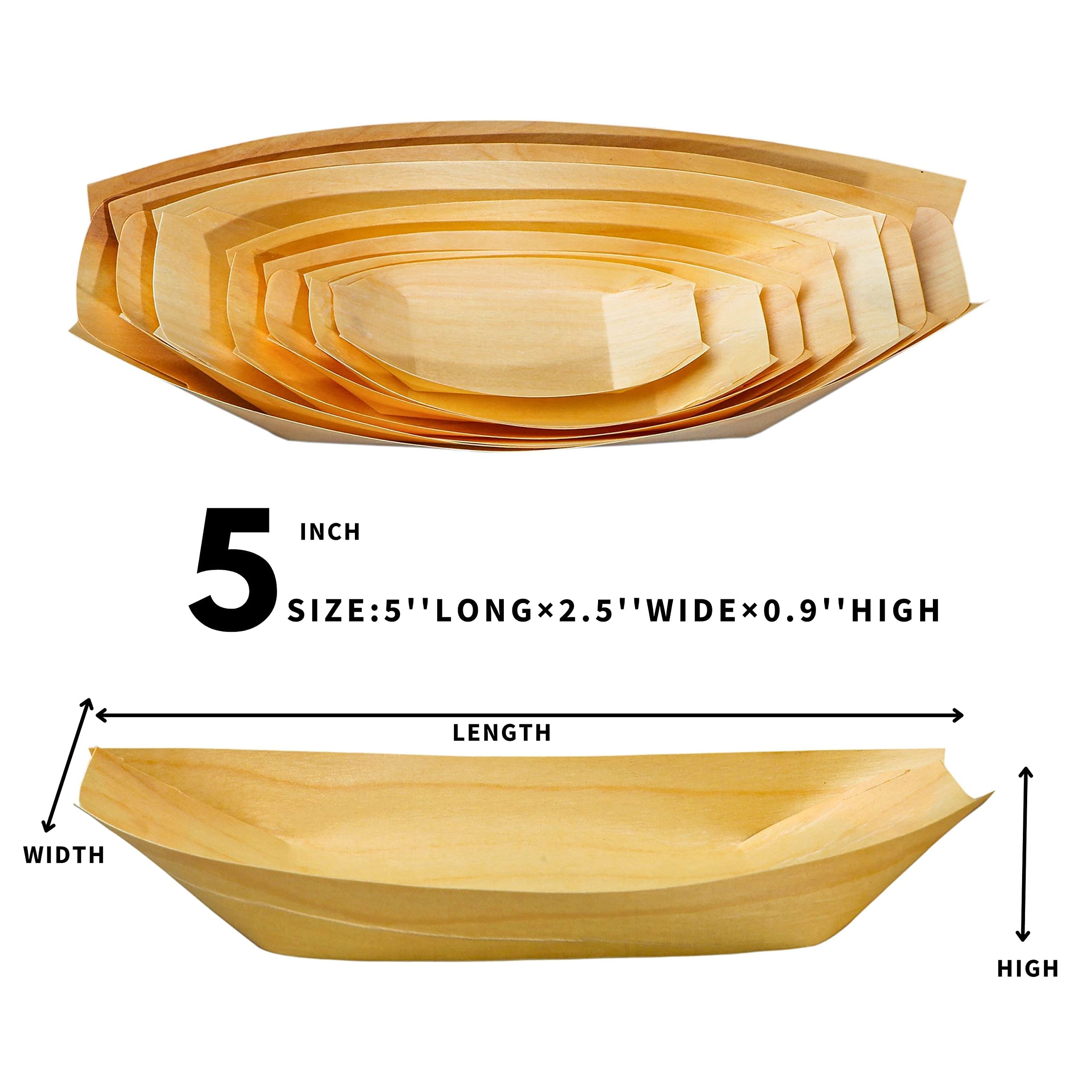 Snowkingdom 200 Pack 5'' Disposable Wood Boat Plates Dishes Better Than Bamboo Biodegradable Eco Friendly Party Sushi Plates