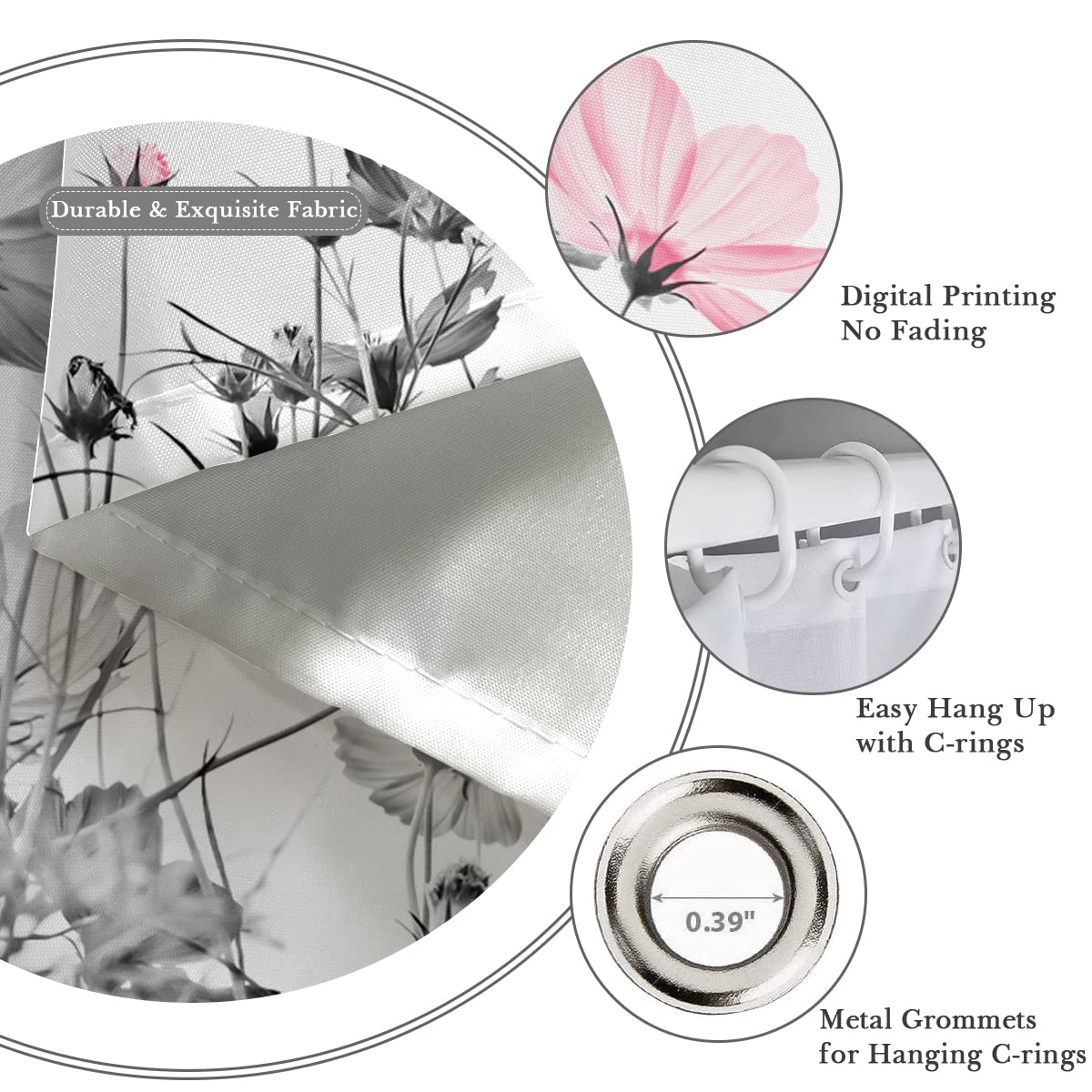 Kikiry Pink Gray Shower Curtain 60''W X 72''L White Grey Flowers Wildflower Daisy Floral Ink Painting Botanical Simple Elegance