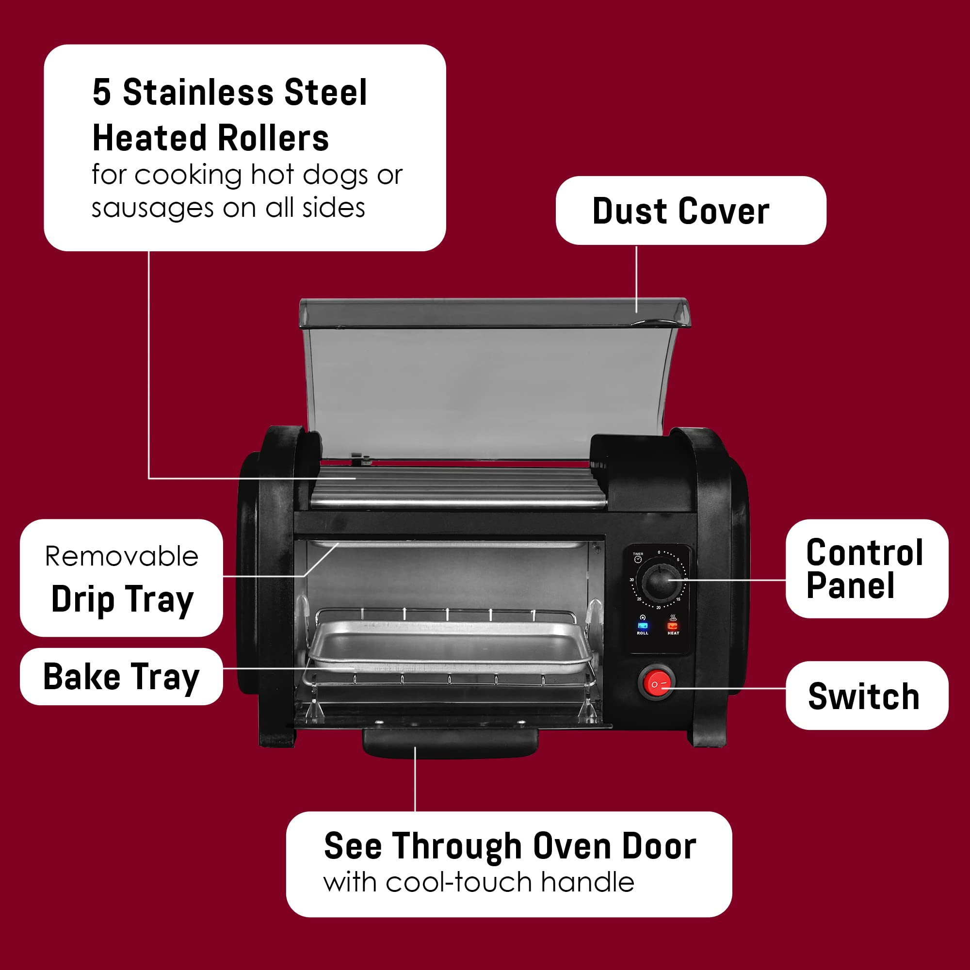 Elite Gourmet Ehd-051B Hot Dog Toaster Oven, 30-Min Timer, Stainless Steel Heat Rollers Bake & Crumb Tray, World Series Baseball