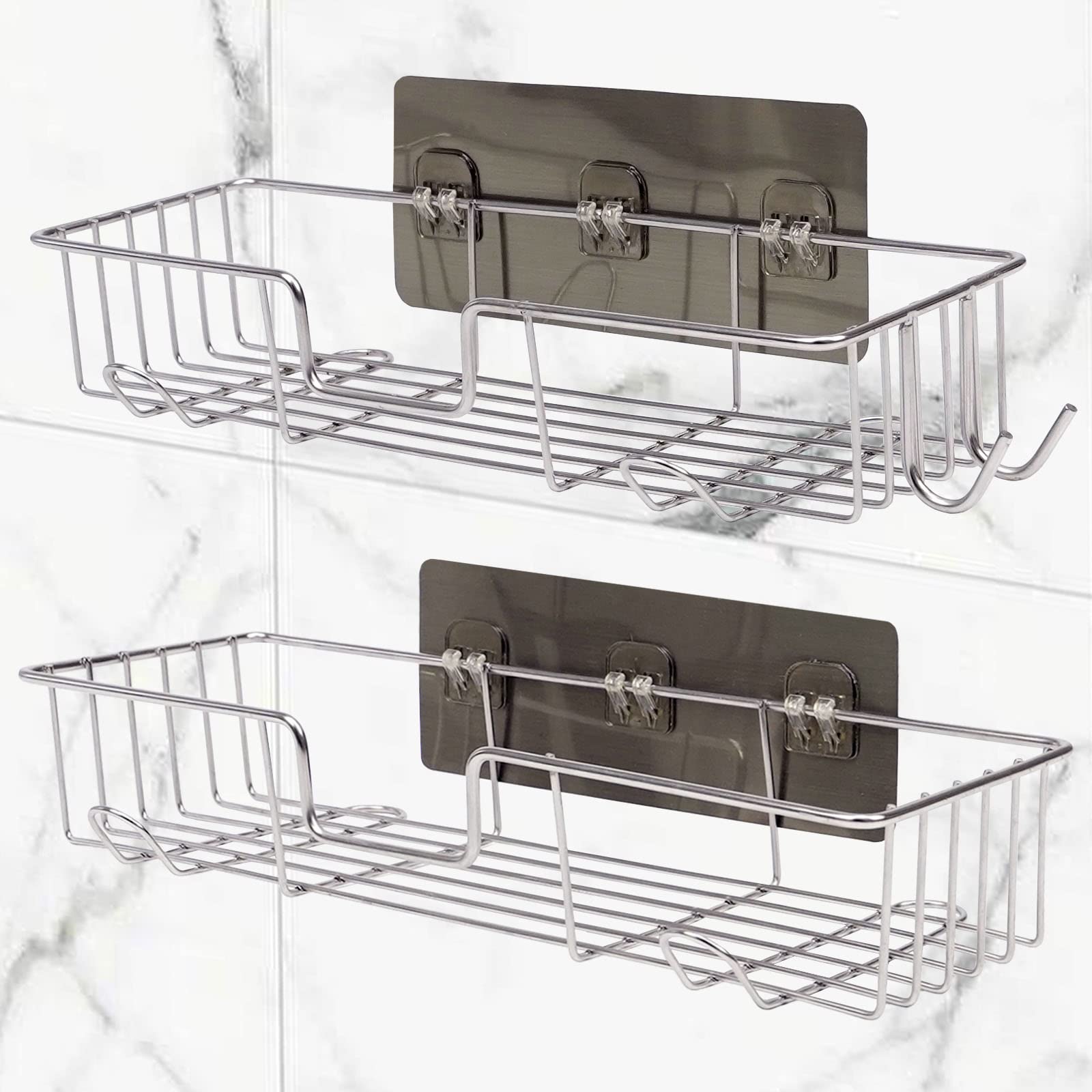 Casaphoria Shower Caddy  Adhesive Shower Organizer with 6 Hooks  Shower Shelf for Inside Shower No Drilling - Rustproof Stainless Steel Shower Rack Wall Mounted  2 Pack(White Silver)