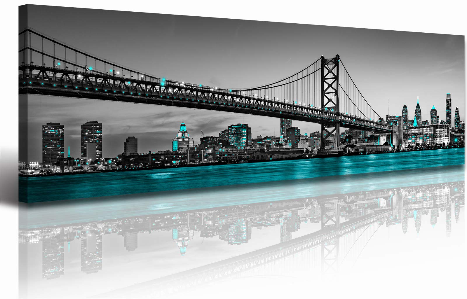 Jiazugo Philadelphia Skyline City Canvas Wall Art Decor 14''X48'' Black And White Aqua Green Teal Panorama Cityscape Pictures Ar
