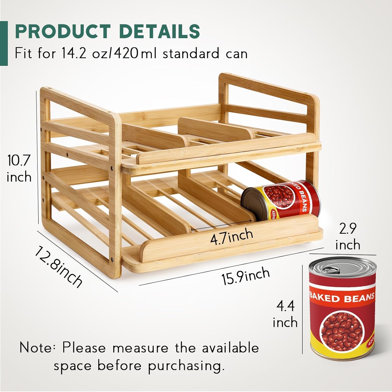 Yumkfoi Rolling Bamboo Can Organizer Rack, Stackable Double-Layer Can Organizers And Storage For Pantry, Canned Goods Holder Dis