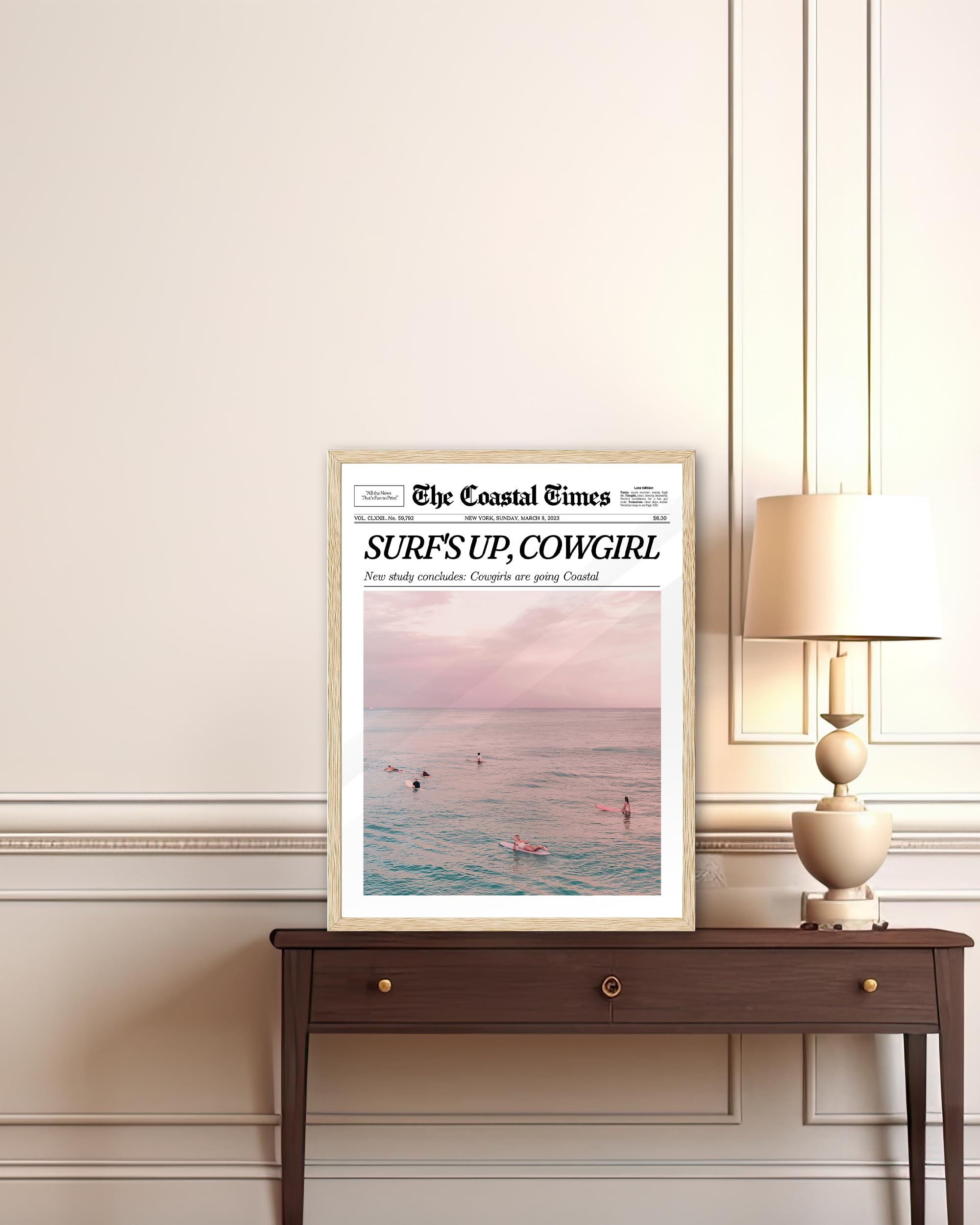 Ihery Framed Trendy Coastal Cowgirl Newspaper Wall Art Prints,Beige Oak Wood 12X16In Canvas Wall Decor For Bedroom,New York News