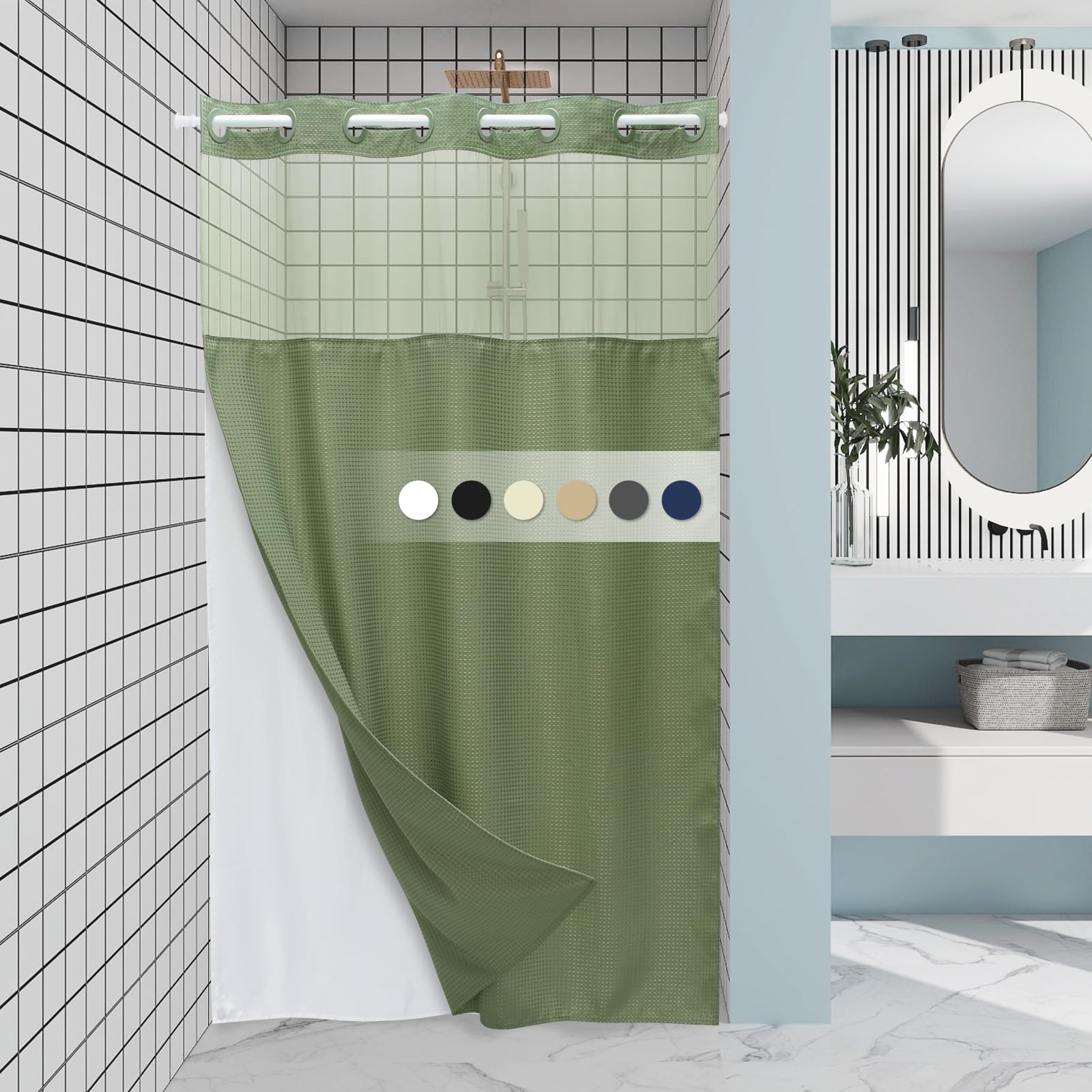 Eutxl Sage Green Stall Hotel Shower Curtain - 230Gsm Waffle Textured Heavy Duty Thick Fabric Shower Curtains For Bathroom,54W X