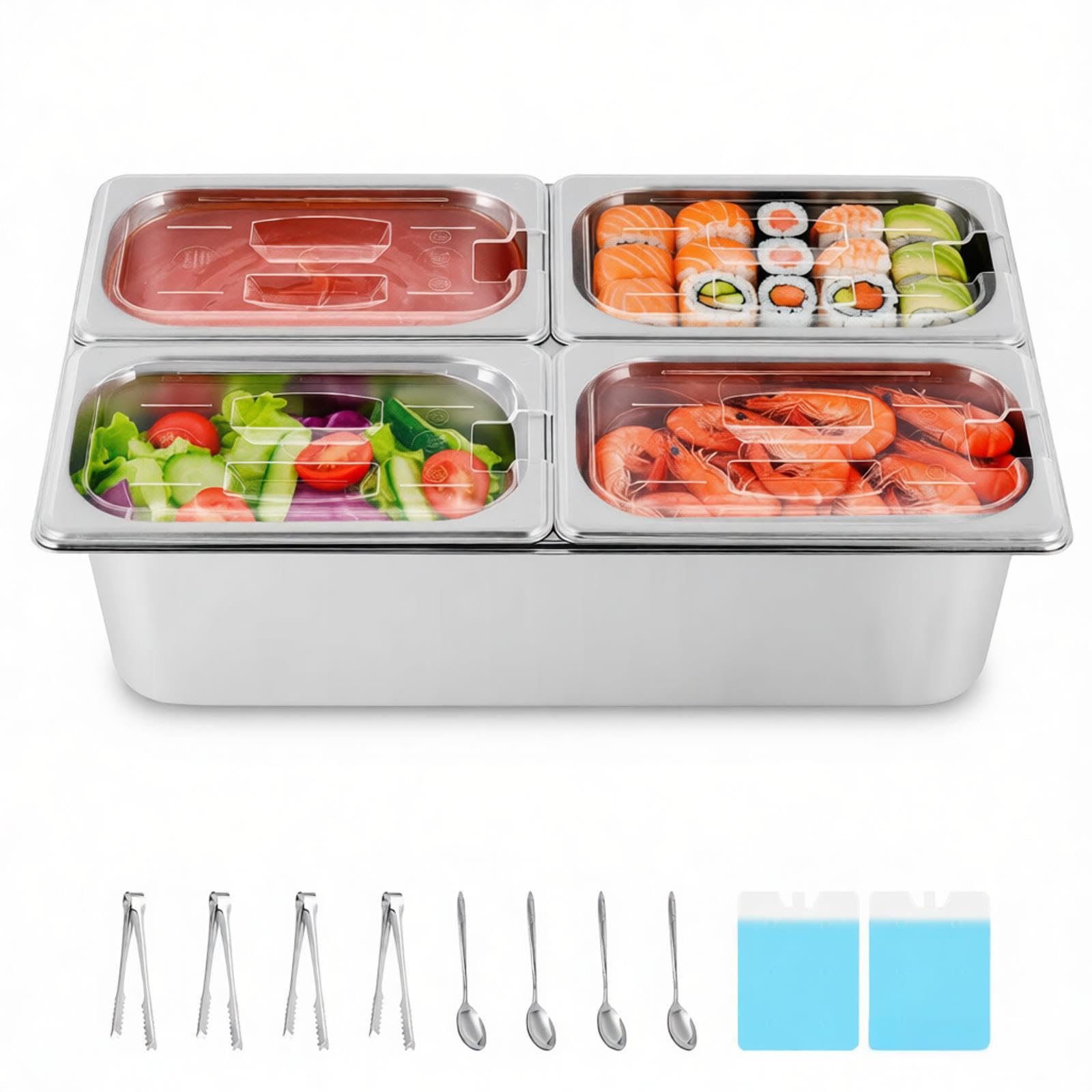 YMJOINMX Cold Food Buffet Serving Trays 4 Pans  2.7QT with Ice Packs for Salad Dressing Dispenser Sauce Cooled Condiment Contain