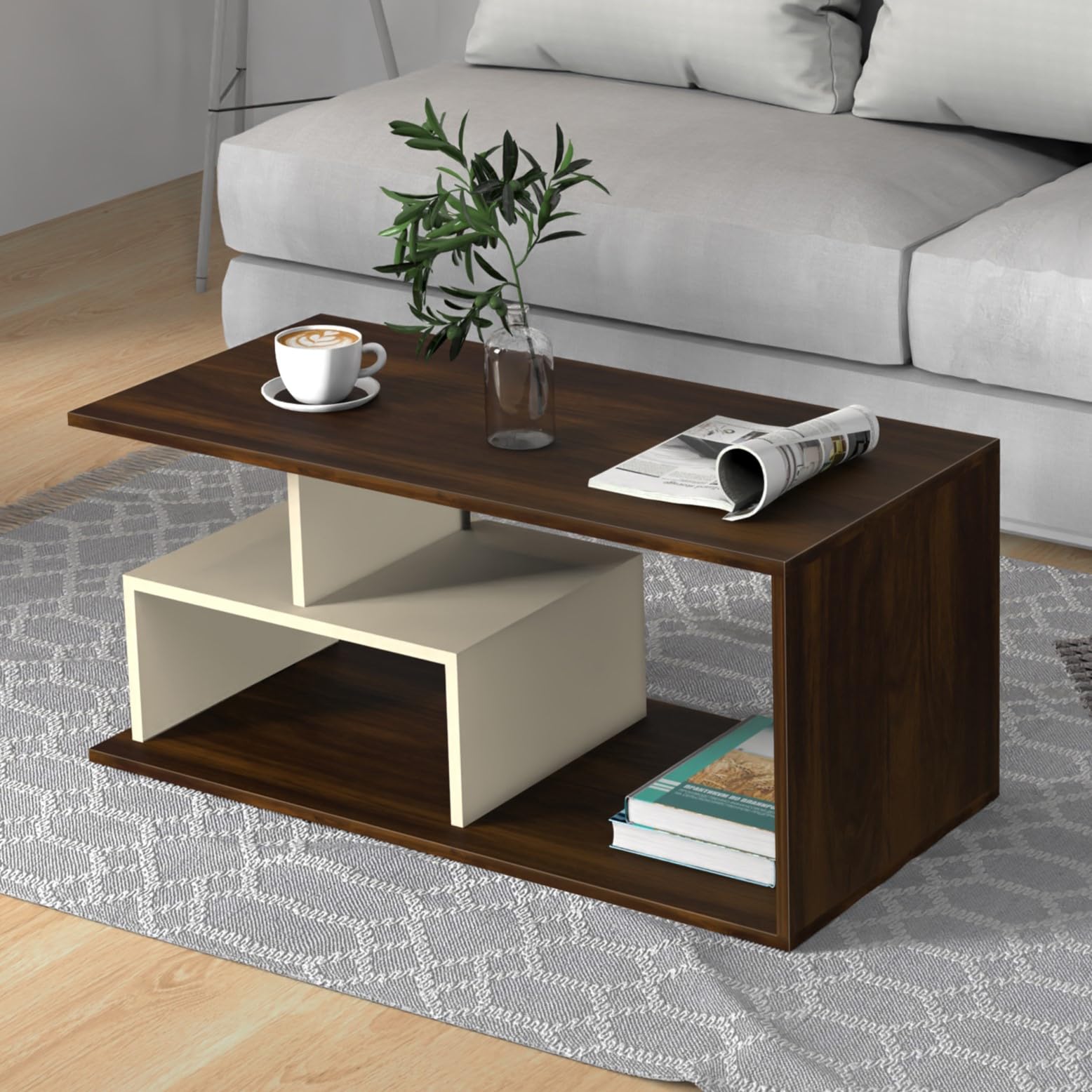 Bluewud Smohn Engineered Wood Coffee Center Sofa Tea/Teapoy Console Table For Sofa Set Living Room Home Hall (Brown Maple & Beig