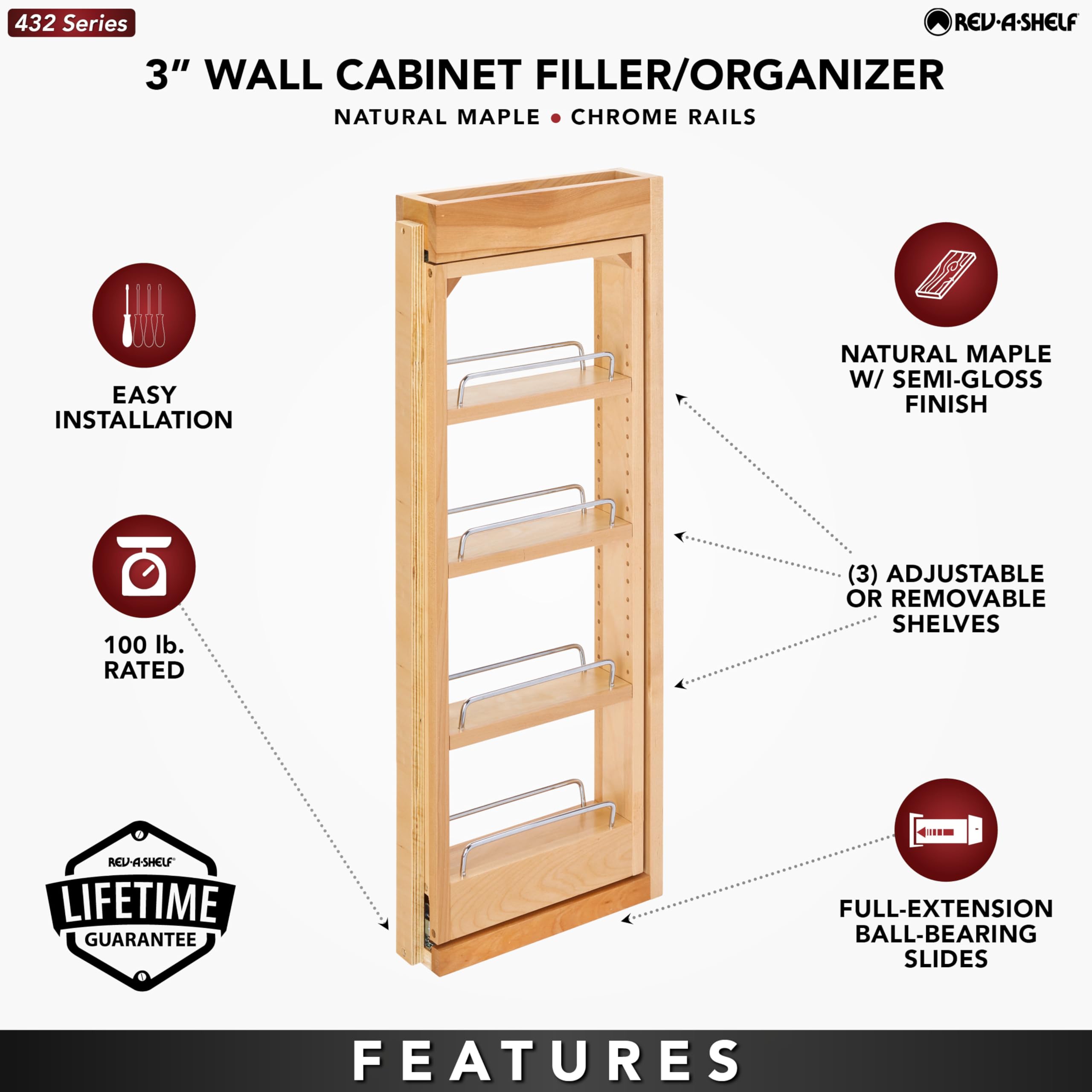 Rev-A-Shelf 3''W X 30''H Pullout Shelf Organizer For Between Wall Kitchen Cabinets, Filler Spice Rack & Seasoning Storage Holder