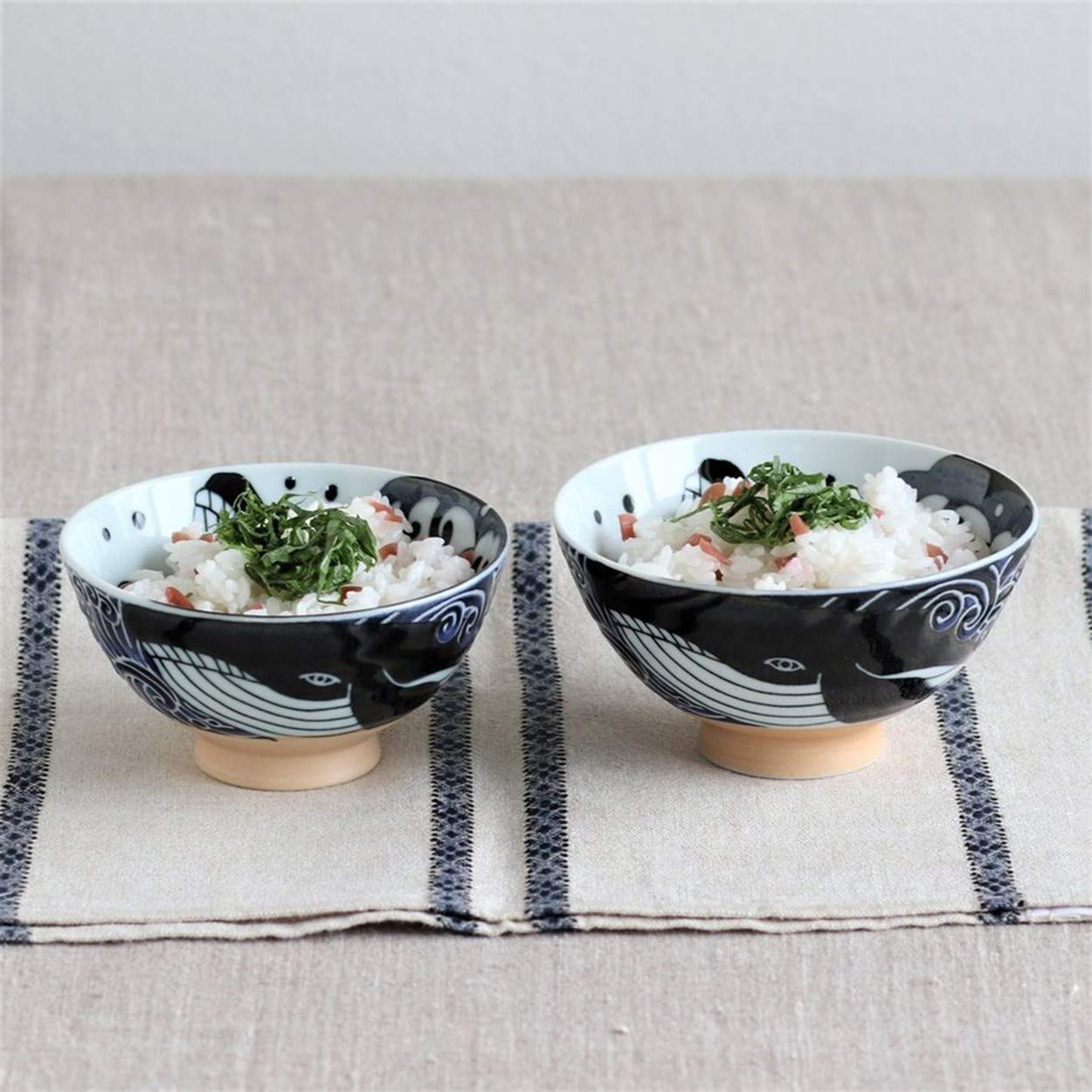 Minoru Touki White Wave Whale Blue Ceramic Rice Bowl Small Set Of 2 F4.4  H2.4In 11.29Oz