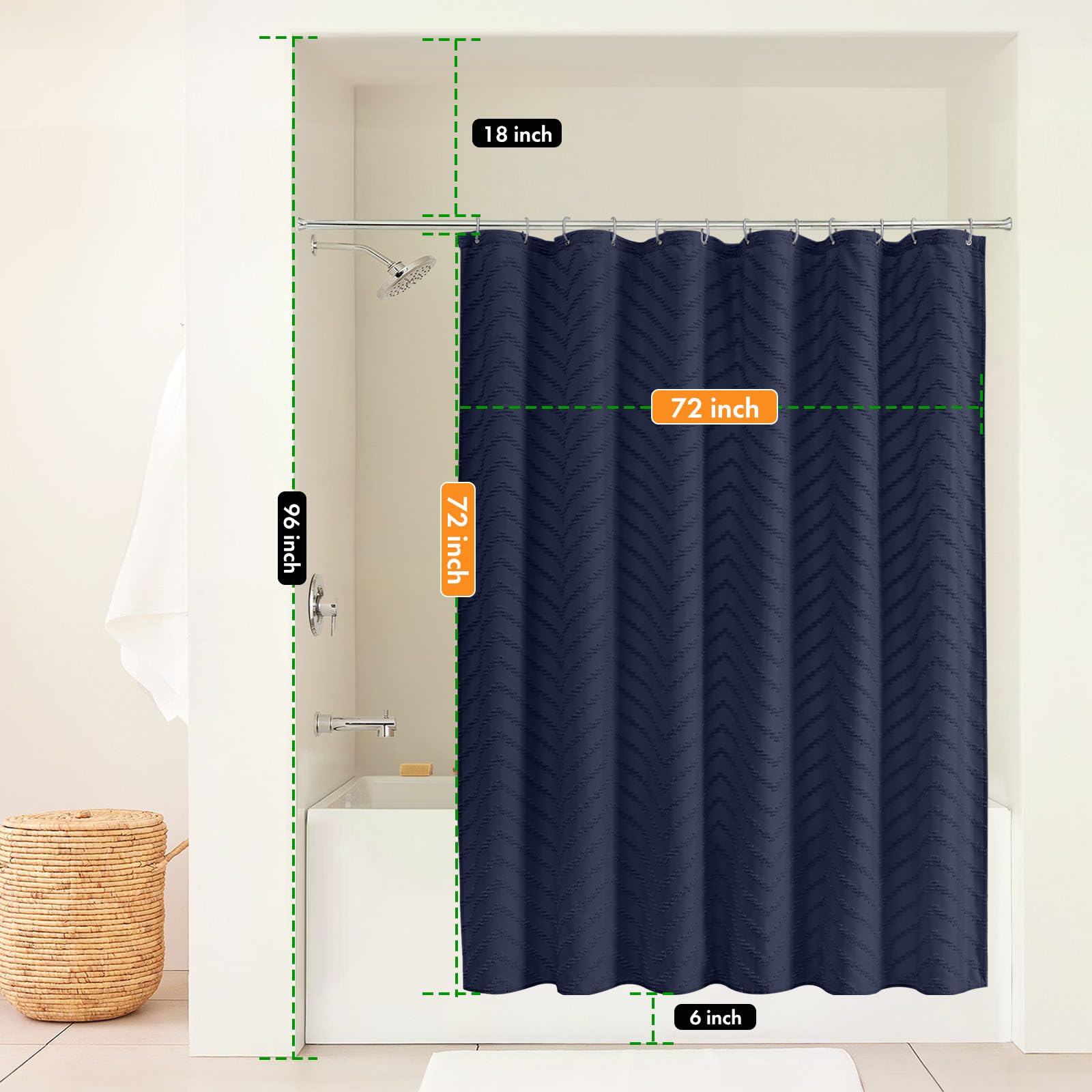 Navy Blue Fabric Shower Curtain Boho Tufted Chevron Striped Textured Cloth Shower Curtains For Bathroom Farmhouse Shabby Chic Wa