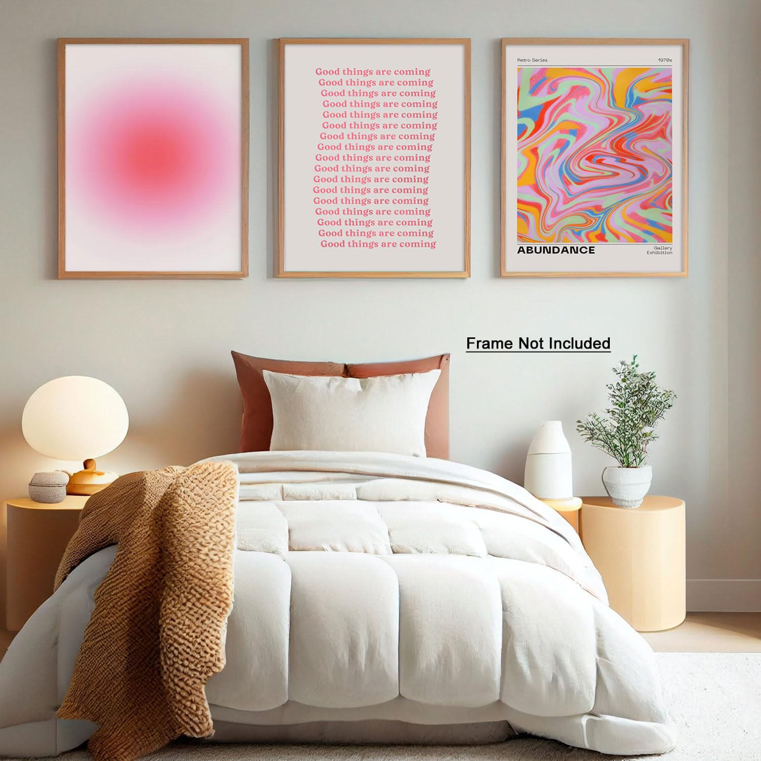 Good Things Are Coming Canvas Wall Art Aesthetic Set Of 3 | Gradient Psychedelic Aura Angel Posters Prints Room Decor | Pink Wal