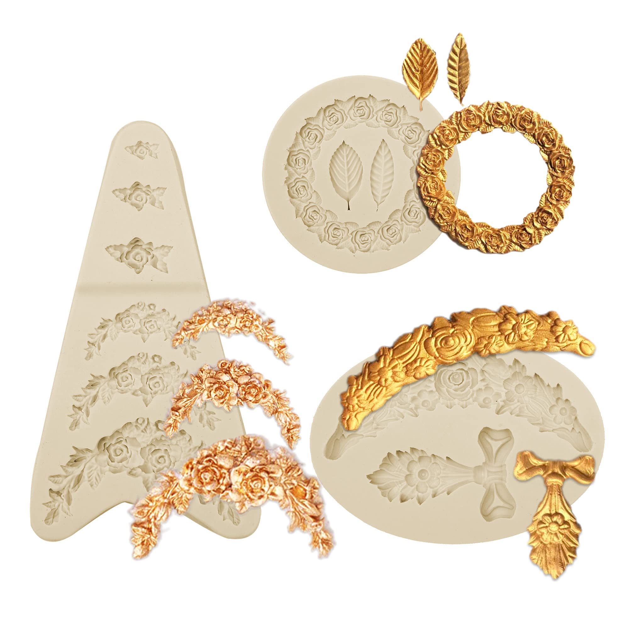 Rose Wreath With Leaves Fondant Molds, Flowers Garland Silicone Molds, For Wedding Valentine Party Cake Fence Decortion, Chocola