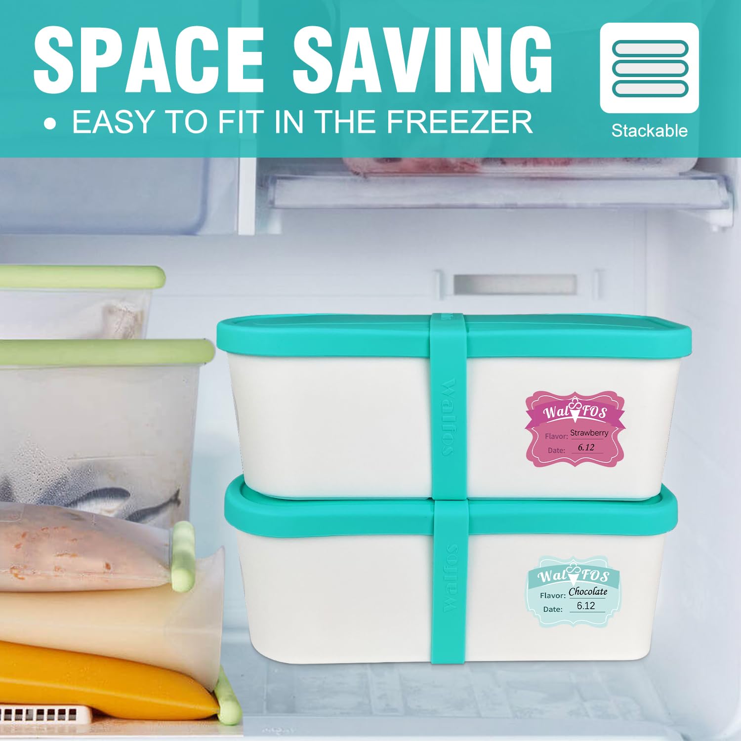 Walfos Ice Cream Containers - 1.6 Quart Each, Reusable Homemade Ice Cream Tubs With Silicone Lids, Stackable Freezer Storage Con