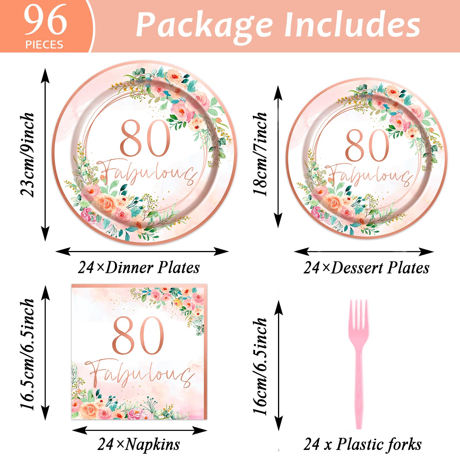 Obusatt 96Pcs Floral 80 Fabulous Party Supplies 80Th Birthday Paper Plates Napkins Rose Gold Party Decorations 80 Years Dinnerwa