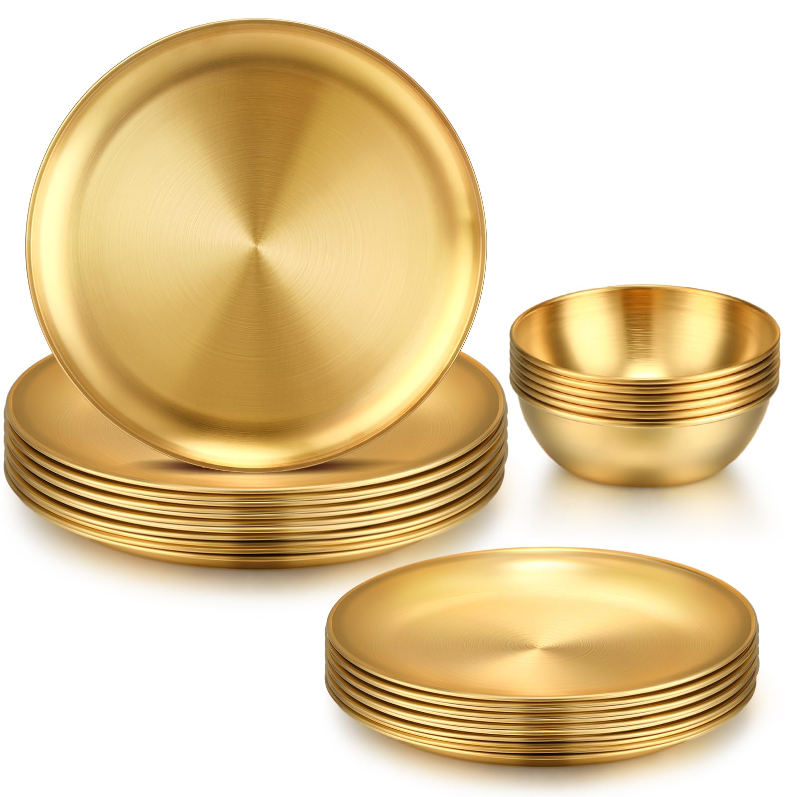 Layhit 18 Pcs Gold Stainless Steel Dinnerware Set 10 Metal Gold Dinner Plates 8 Thickened Dinner Dishes 3.5 Sauce Bowls St