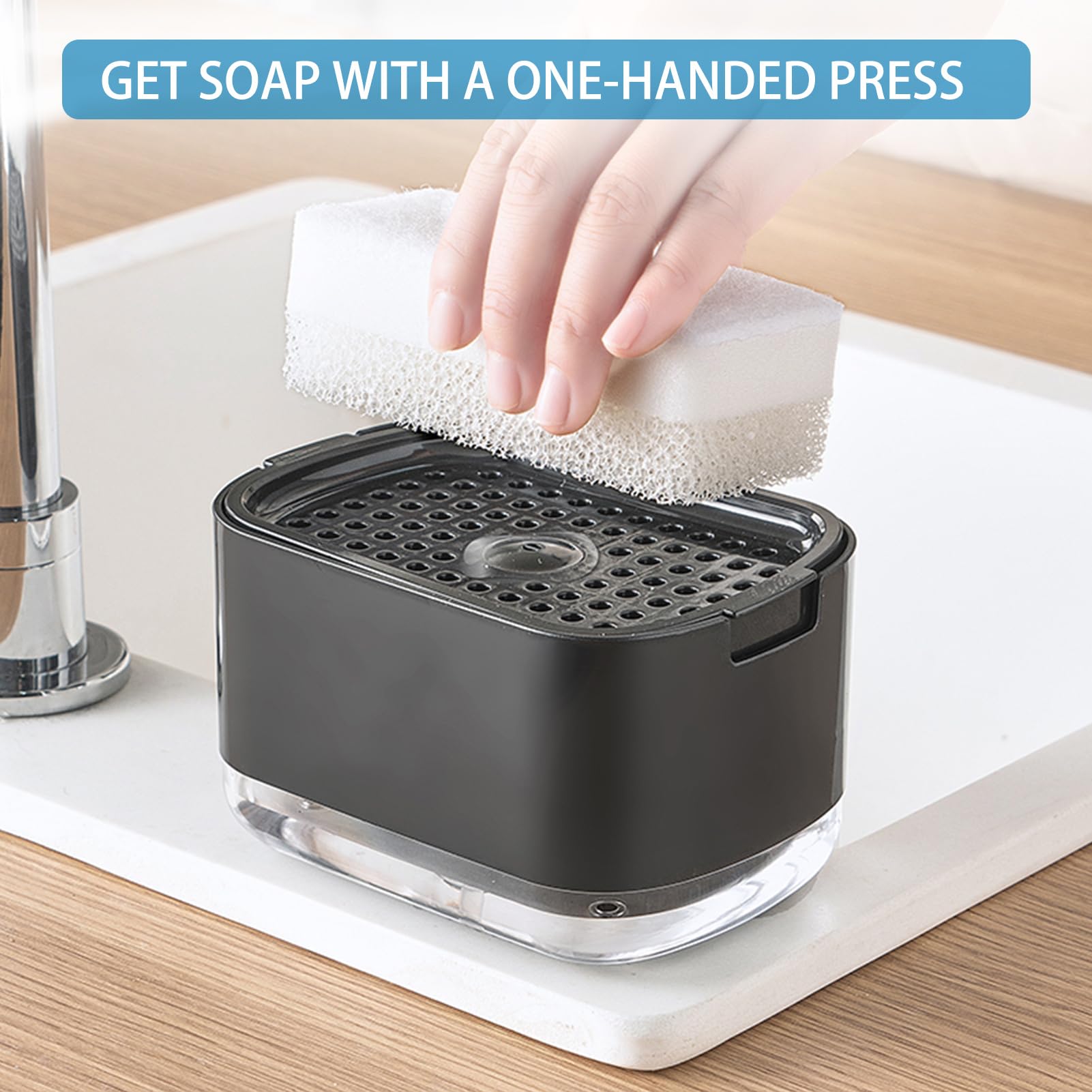 Rufcril Soap Pump Dispenser And Sponge Holder, 10Oz / 300Ml Dish Soap Dispenser For Kitchen,Black