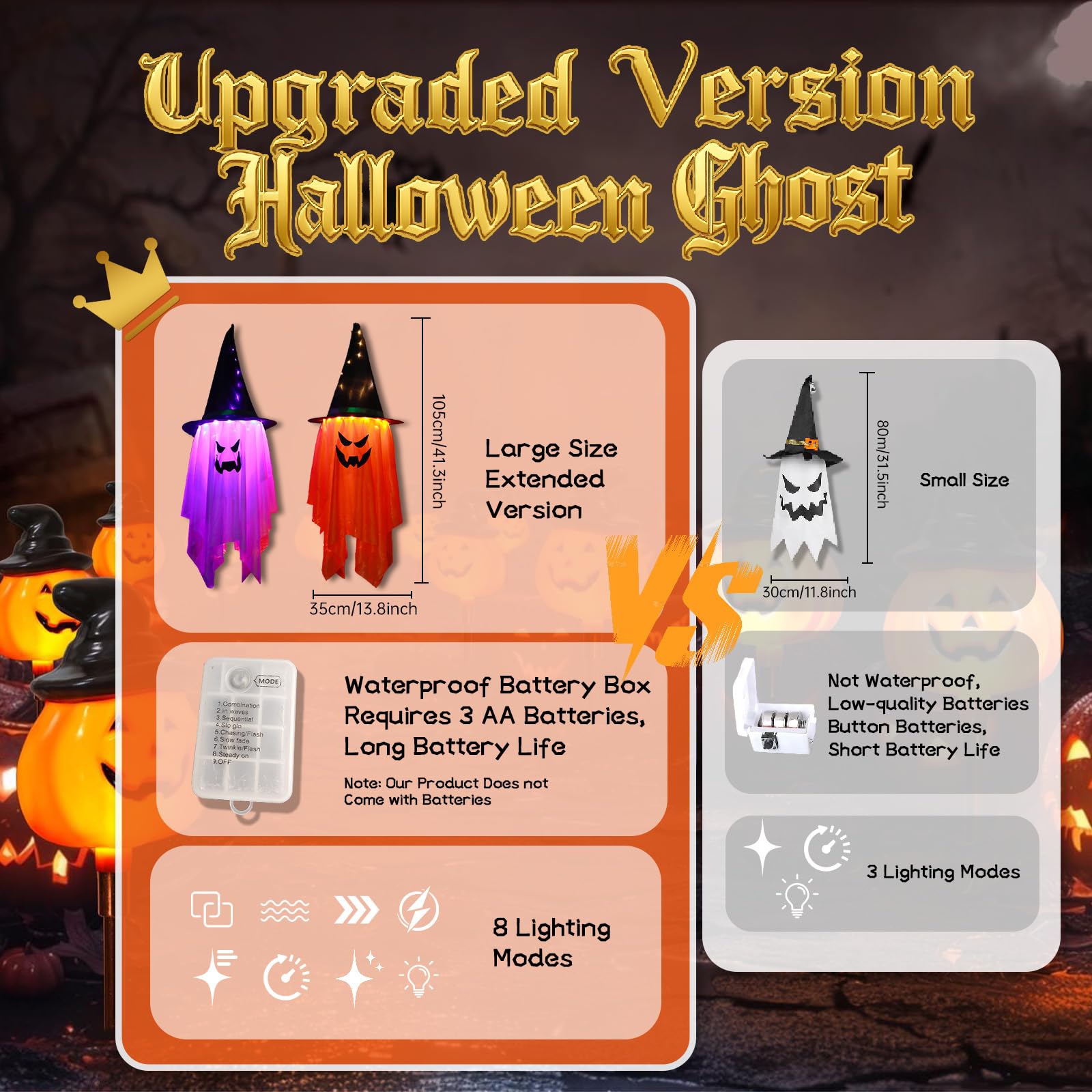 Kevsuvqin 2Pcs Hanging Ghosts Halloween Decor, Halloween Decorations Outdoor with 8Light Modes and Waterproof Battery Box, 42.5x