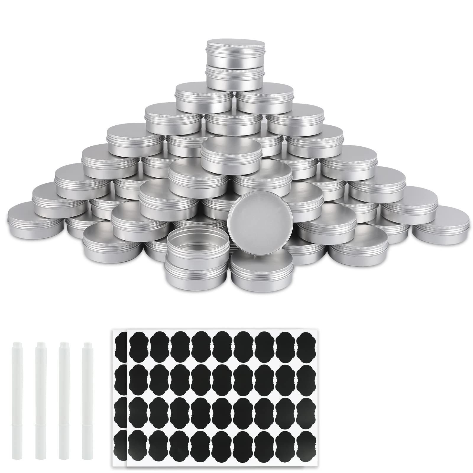 Obkjj 60 Pack Round Cans With Screw Lid 4 Oz Aluminum Metal Tins Diy Food Candle Containers For Lotion Bars, Balms, Salve, Spice