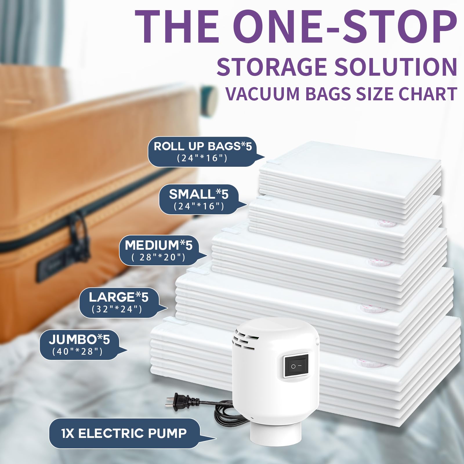 Szo 25 Pack Vacuum Storage Bags With Electric Air Pump,(5 Jumbo/5 Large/5 Medium/5 Small/5 Roll Up Bags)Vacuum Seal Bags For Clo