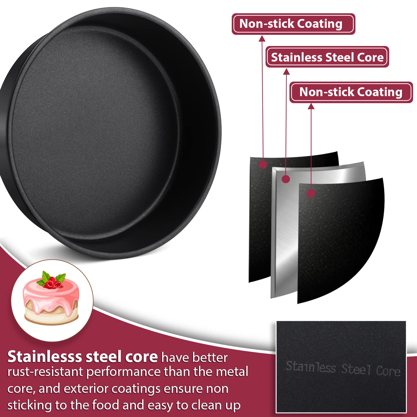 P&P Chef 6 Inch Cake Pans, Non-Stick Round Baking Pan Bakeware Set Of 4 For Layered Cakes, Non-Toxic, Stainless Steel Core & Lea