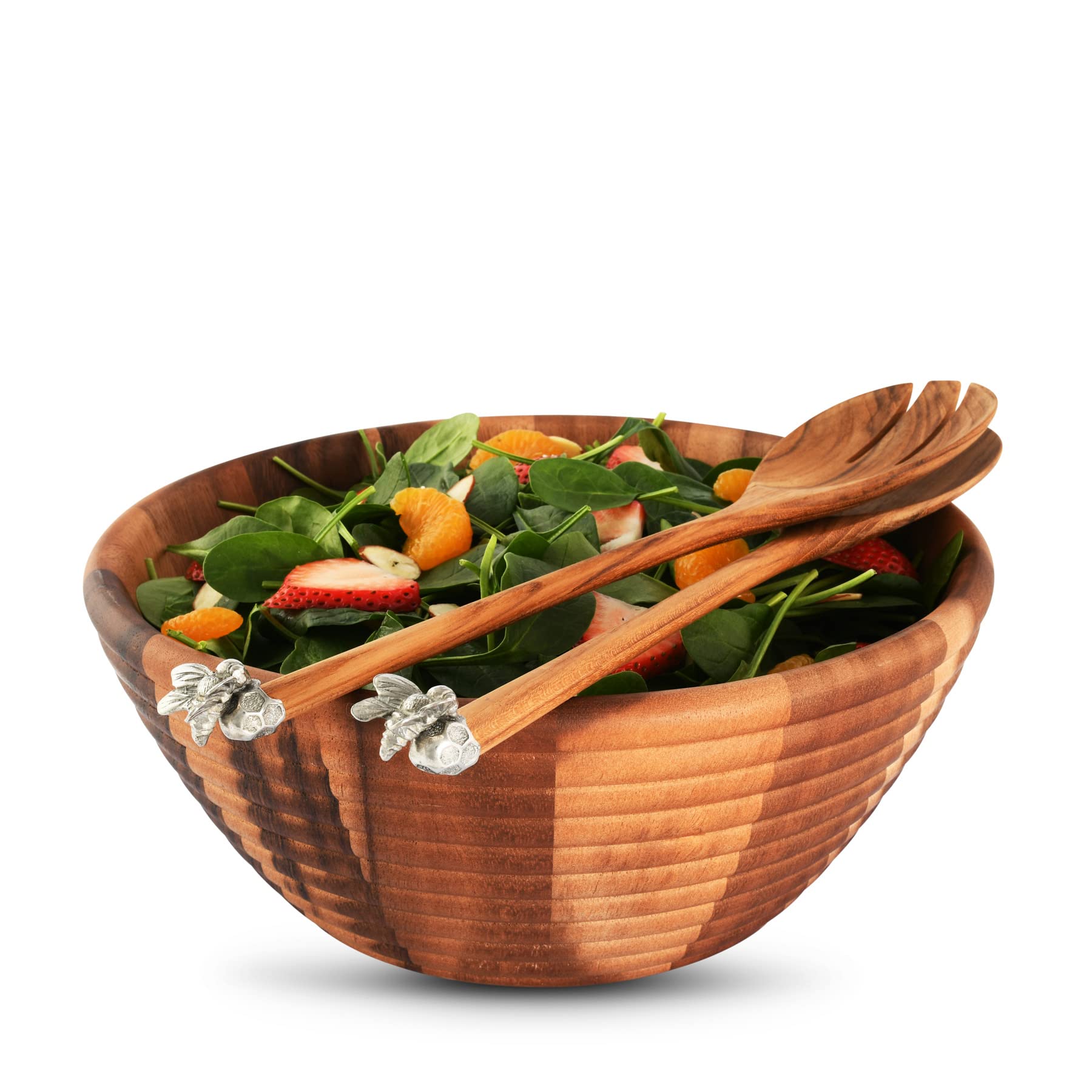 Vagabond House Bee Hive Shaped Wood Salad Bowl And Salad Server Set With Pewter Bee Accent 12.5 Inch Diameter