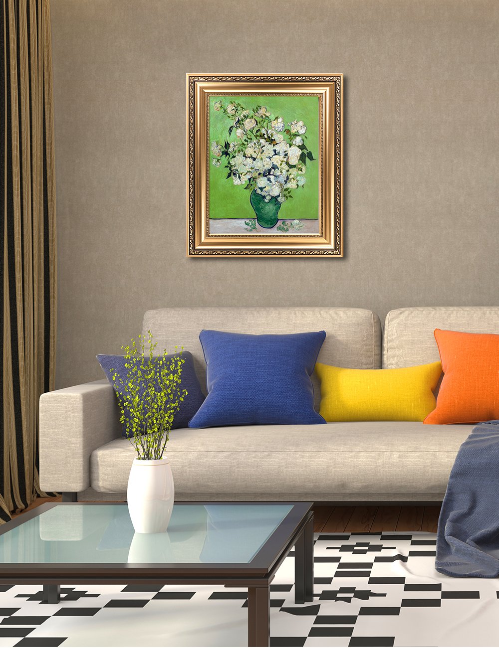 Decorarts - Pink Roses In A Vase, Vincent Van Gogh Art Reproduction. Giclee Prints Match With Golden Framed For Wall Decor. Pict