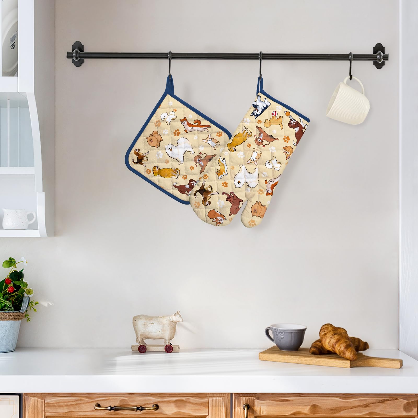 Arquiel Dogs Oven Mitts And Pot Holders Sets 100% Cotton Heat Resistant, Extra Long Oven Gloves Potholder For Kitchen Cooking Ba