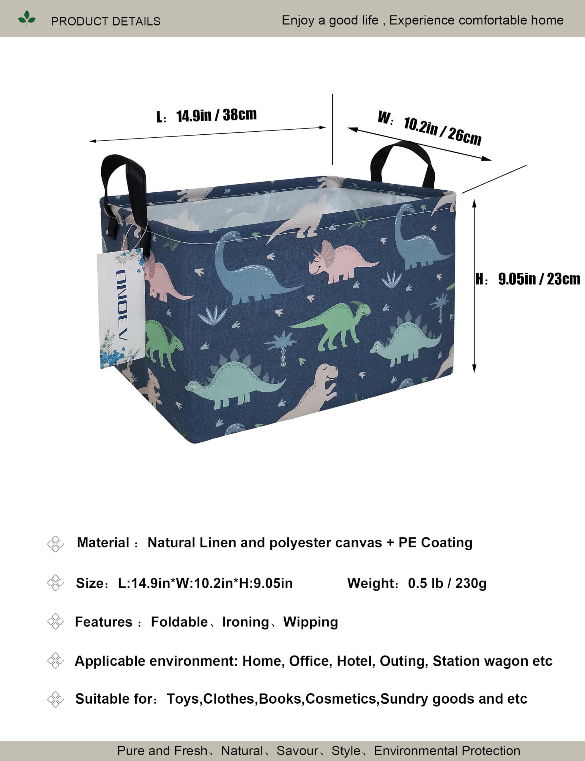 ONOEV Rectangular waterproof laundry basket foldable storage basket laundry Hampers with handle gift basket suitable for children's room and toy storage (Blue Dinosaur)