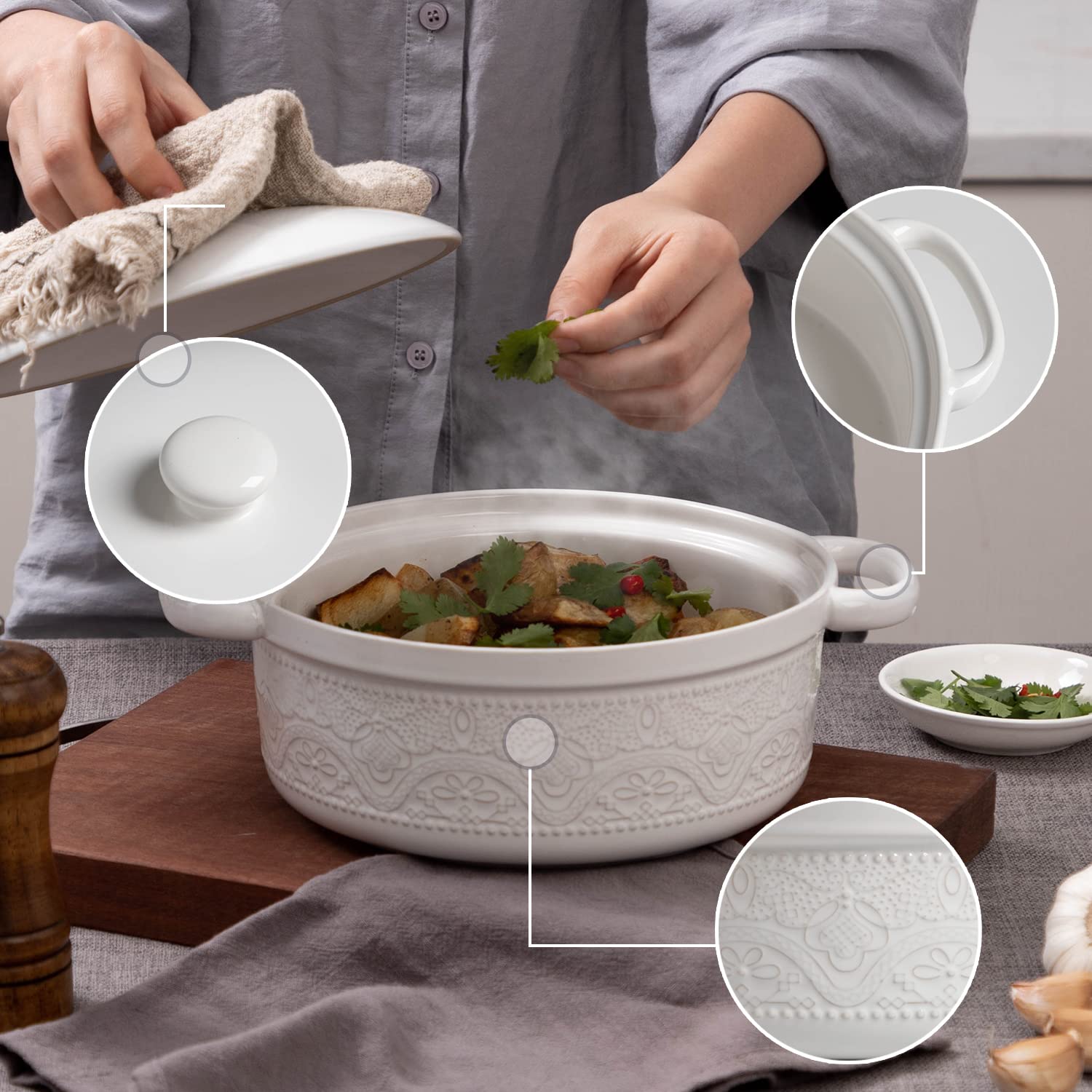 Fun Elements Casserole Dish, 2 Quart Lace Emboss Dish With Lid, Oven To Table Ceramic Round Serving Handles For Dinner And Party