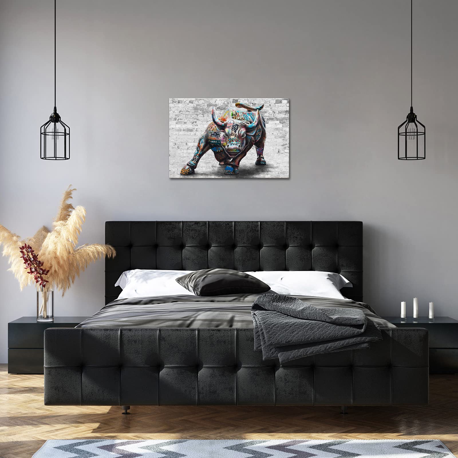 Duobaorom Large Graffiti Bull Canvas Motivational Cool Wall Art For Men New York Landmark Bull Pop Street Painting Office Decor