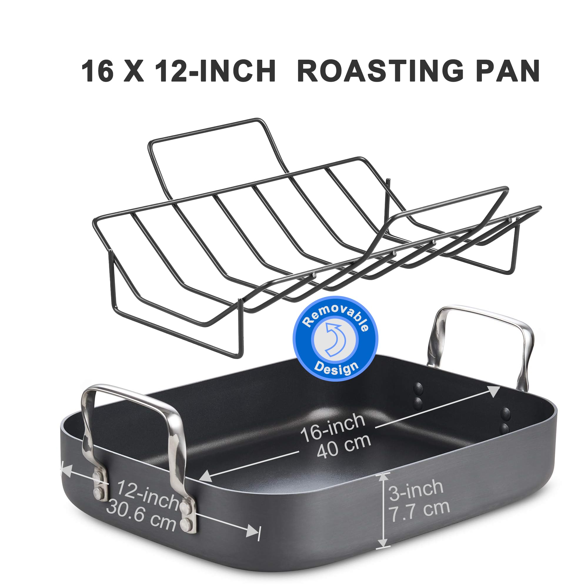 Cooks Standard Turkey Roasting Pan, Hard Anodized Aluminum, 16"x12", Black, Model 02672, Multi-Use Grill Pan with Rack and Handles