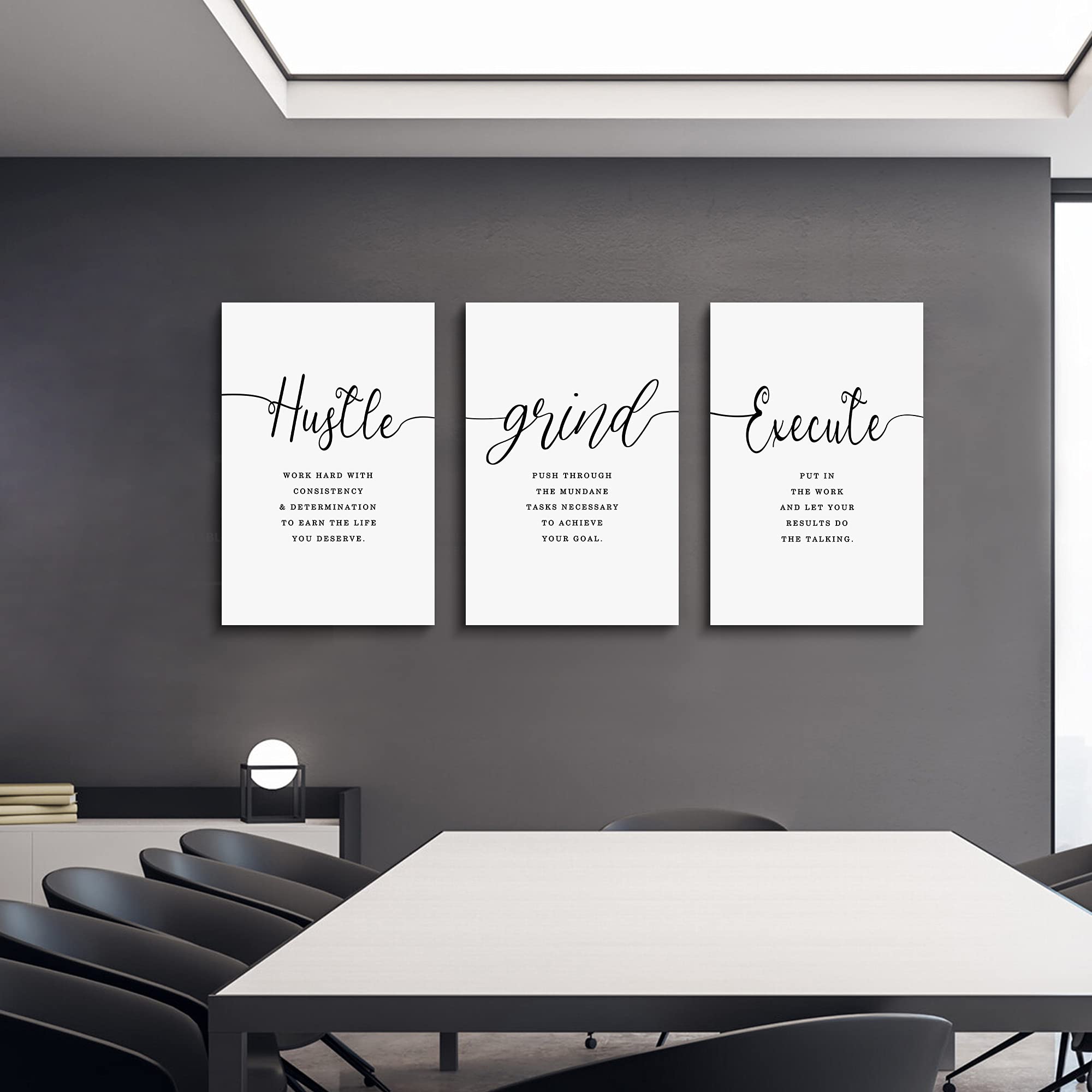 Framed Canvas Wall Art Hustle Quote, Office Wall Art, White Large Poster, Positive Motivational Set Of 3 Prints, Execute Hustle