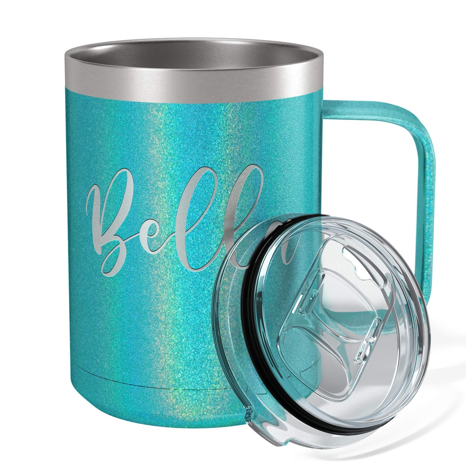 Personalized Coffee Mug Seafoam Glitter 15 Oz With Lid And Handle Custom Engraved Gift Stainless Steel Vacuum Insulated Cup