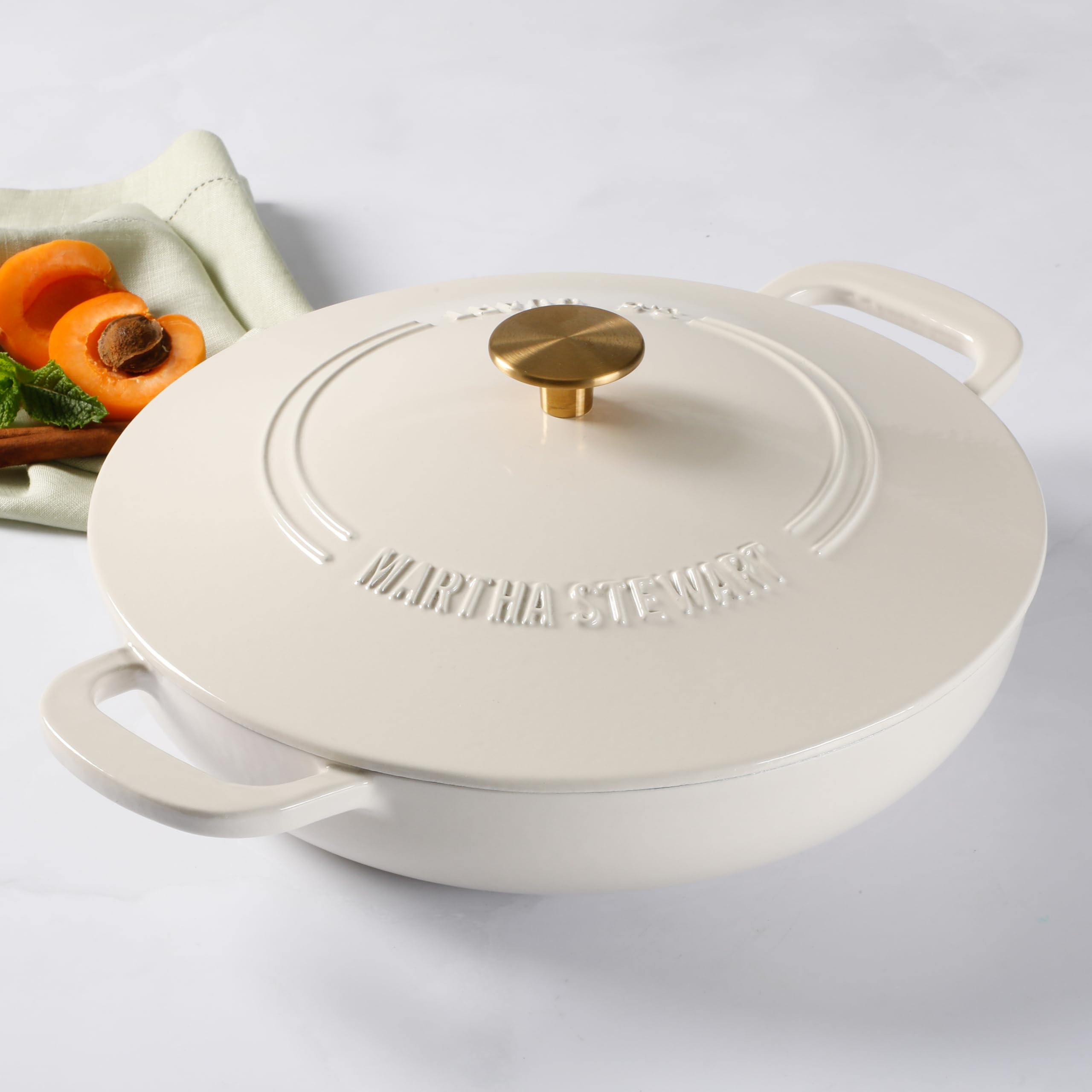 Martha Stewart 3.5-Quart Enameled Cast Iron Dutch Oven Braiser - Linen W/Gold Knob
