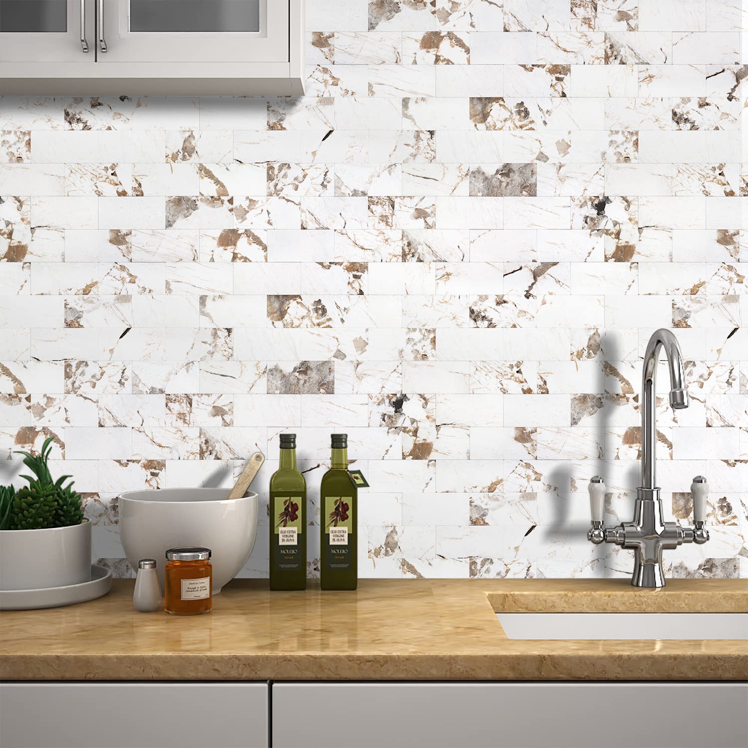Stickgoo 10 Sheets Peel And Stick Backsplash, Aluminum Composite 3D Wall Panel, Belgium White Subway Tile Stickers For Kitchen A