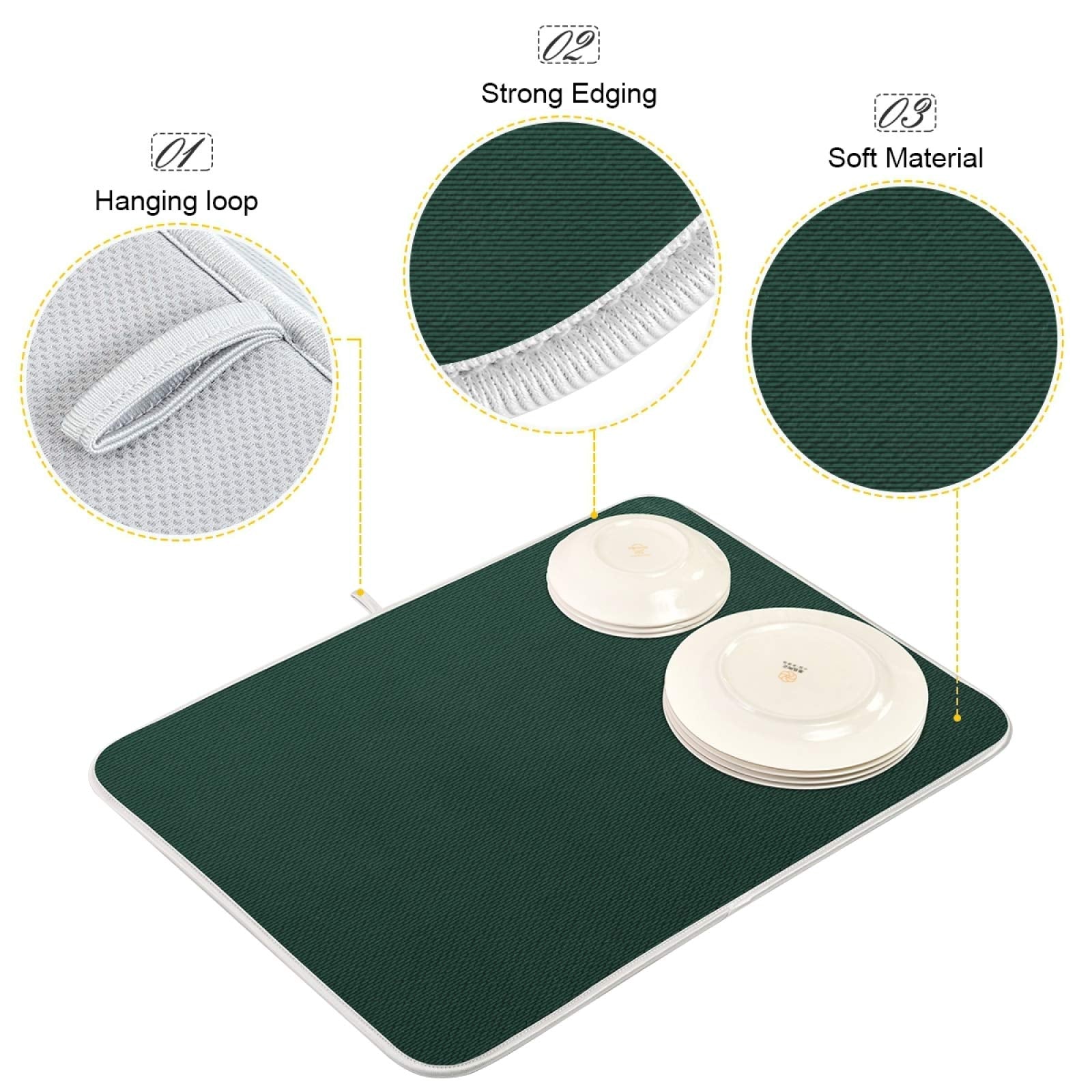 Qilmy Hunter Green Dish Drying Mats Tableware Absorption Water Mat Home Decor Drying Pad For Kitchen Countertop, 18 X 24 Inch