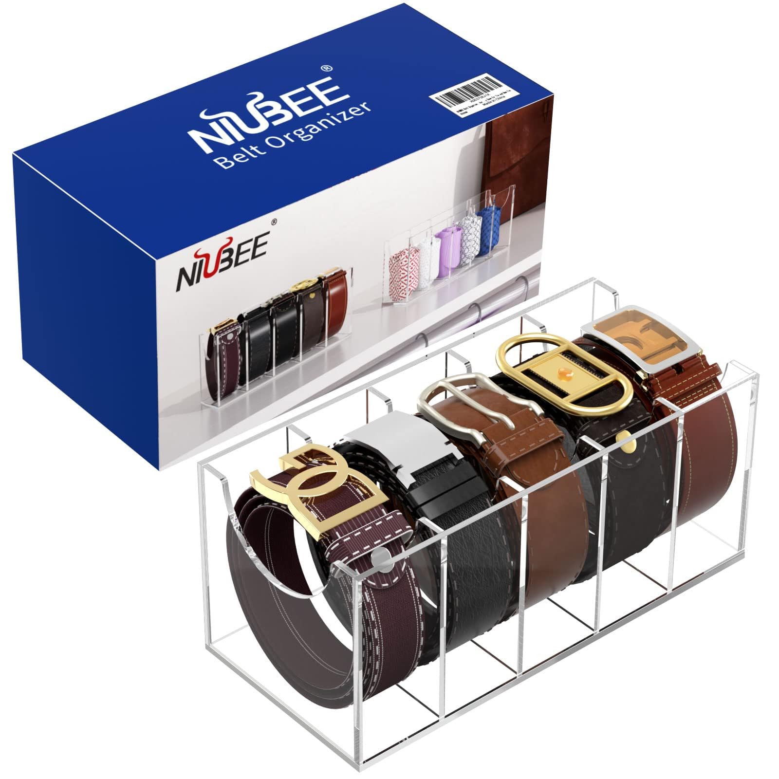 Niubee Belt Organizer, Acrylic Belt Storage Holder For The Closet, 5 Compartments Display Case For Tie And Bow Tie