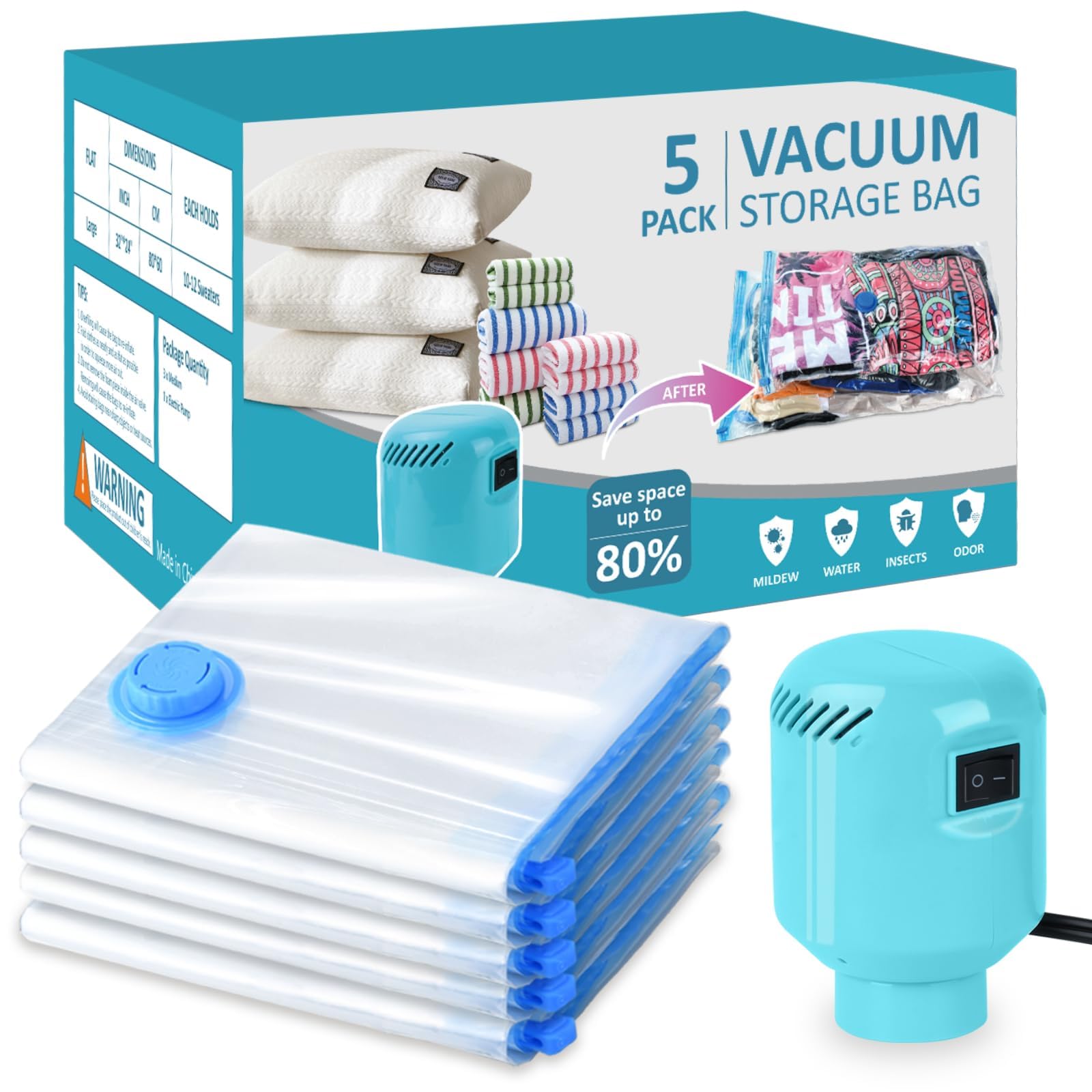 Morecoo 5 Pack Vacuum Storage Bags With Electric Pump, Large Vacuum Seal Bags For Clothing, Comforters, Blankets  Space Saver C