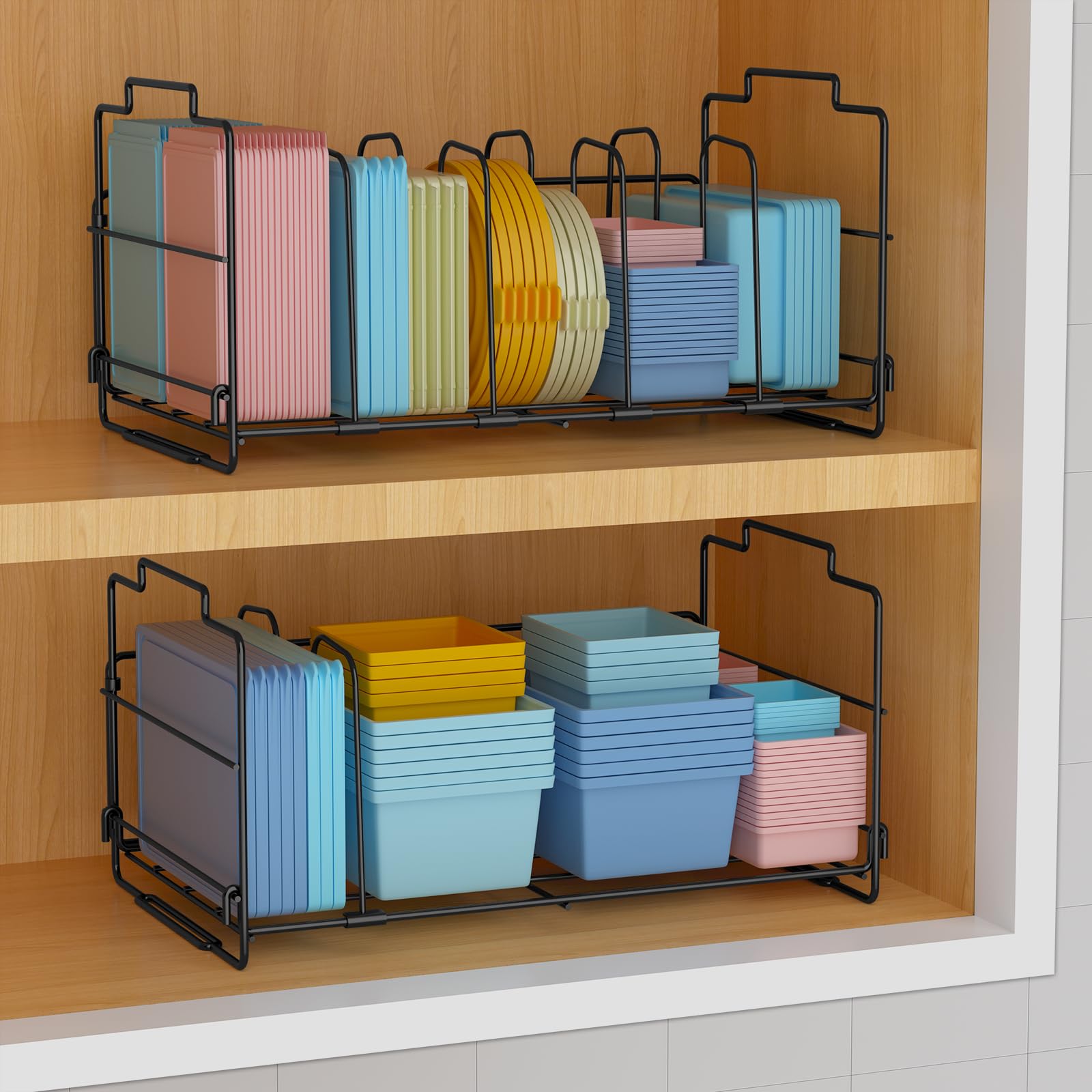 Set Of 2 Stackable Food Container Lid Organizer, Adjustable Metal Lid Storage Shelf For Kitchen, 4 Dividers Detachable Lid Organ