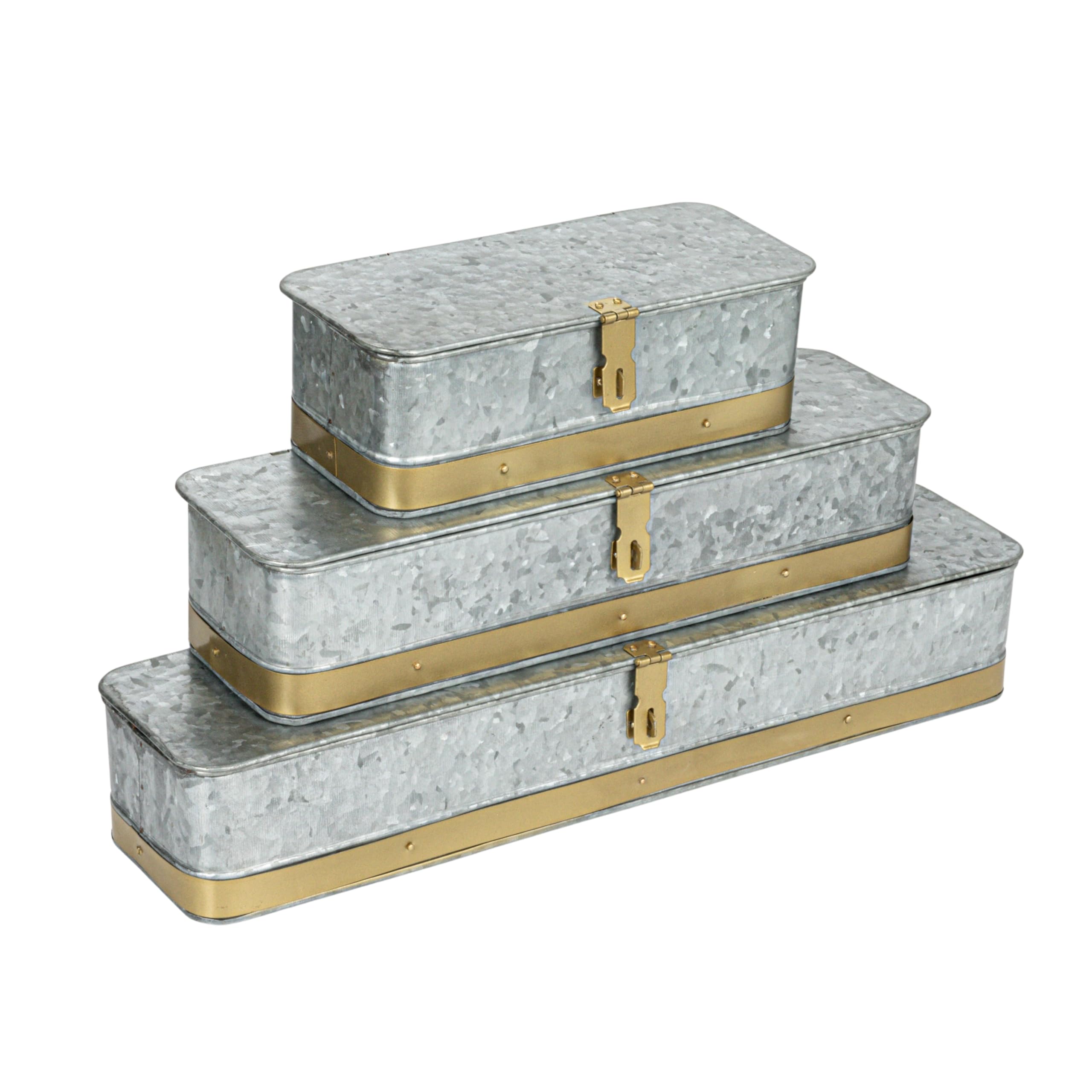 Creative Co-Op Nestable Rectangular Metal Storage Boxes with Hasp Lock, Silver, Set of 3