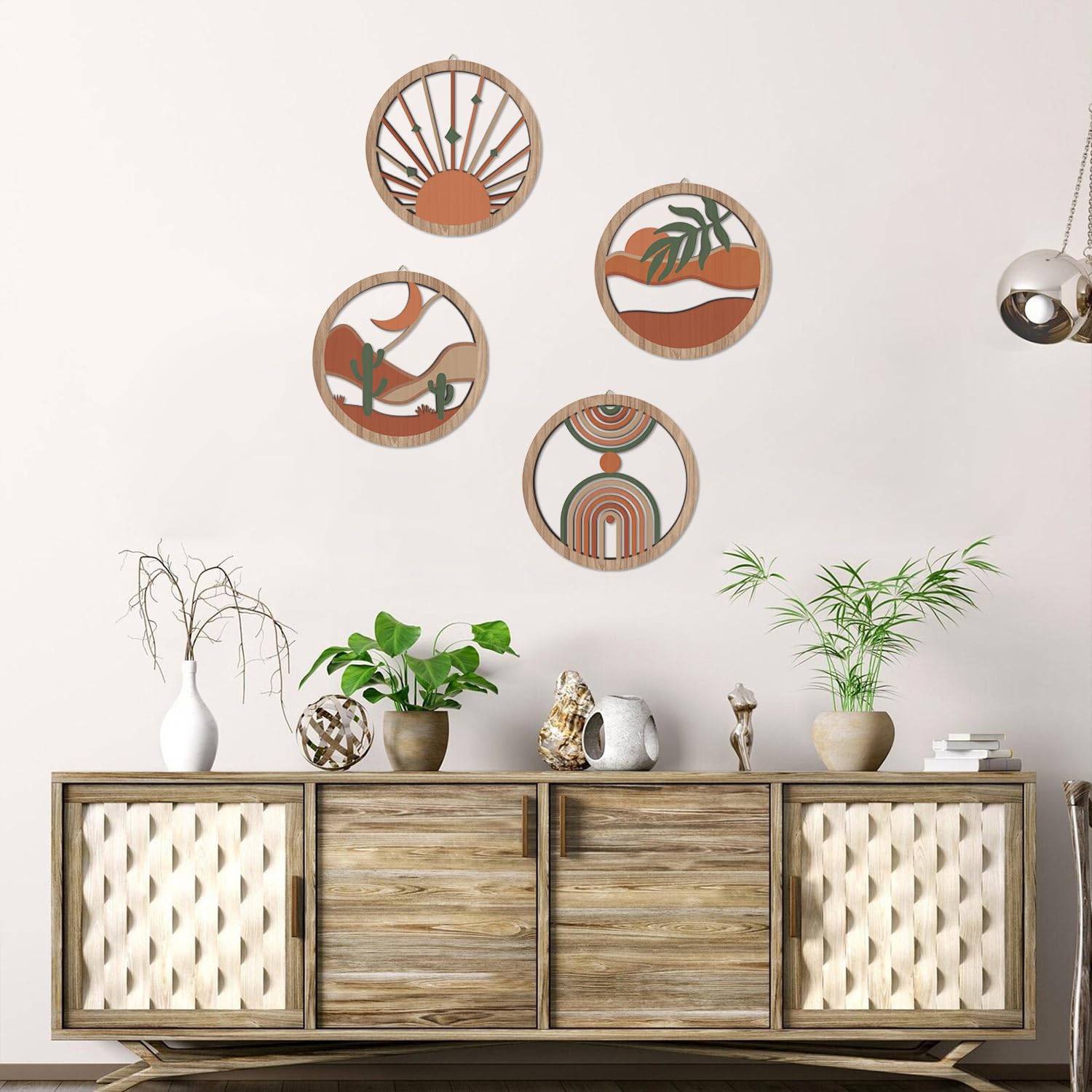 HPNIUB 4 Pcs Boho Wall Art Decor, Bohemian Geometric Hanging Wood Sign for Living Room, Aesthetic Abstract Desert Cactus, Minima