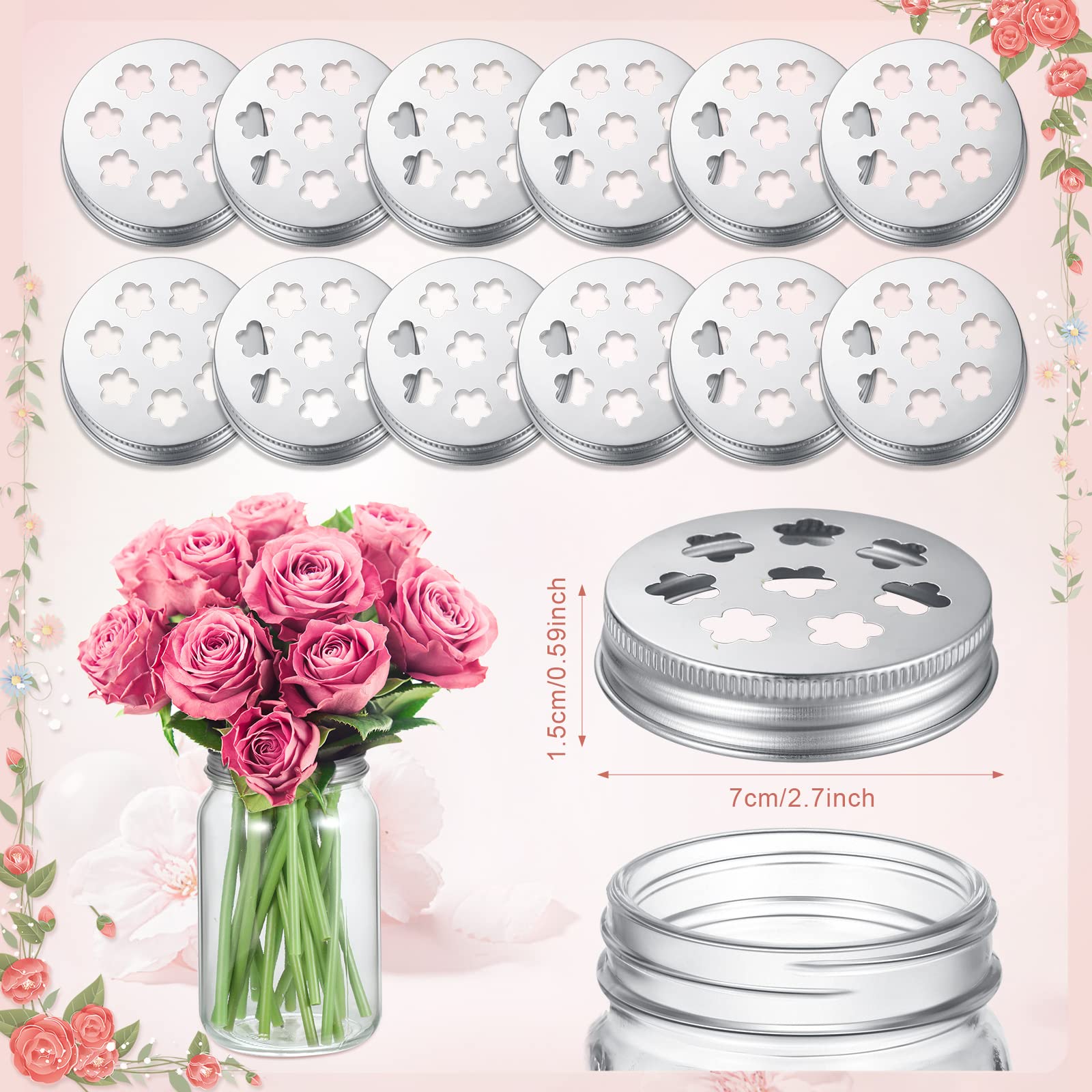 12 Pcs Mason Flower Jar Holder Lid Metal Flower Lid Insert Mason Grid Flower Organizer Lid Insert For Regular Mouth Mason Cannin