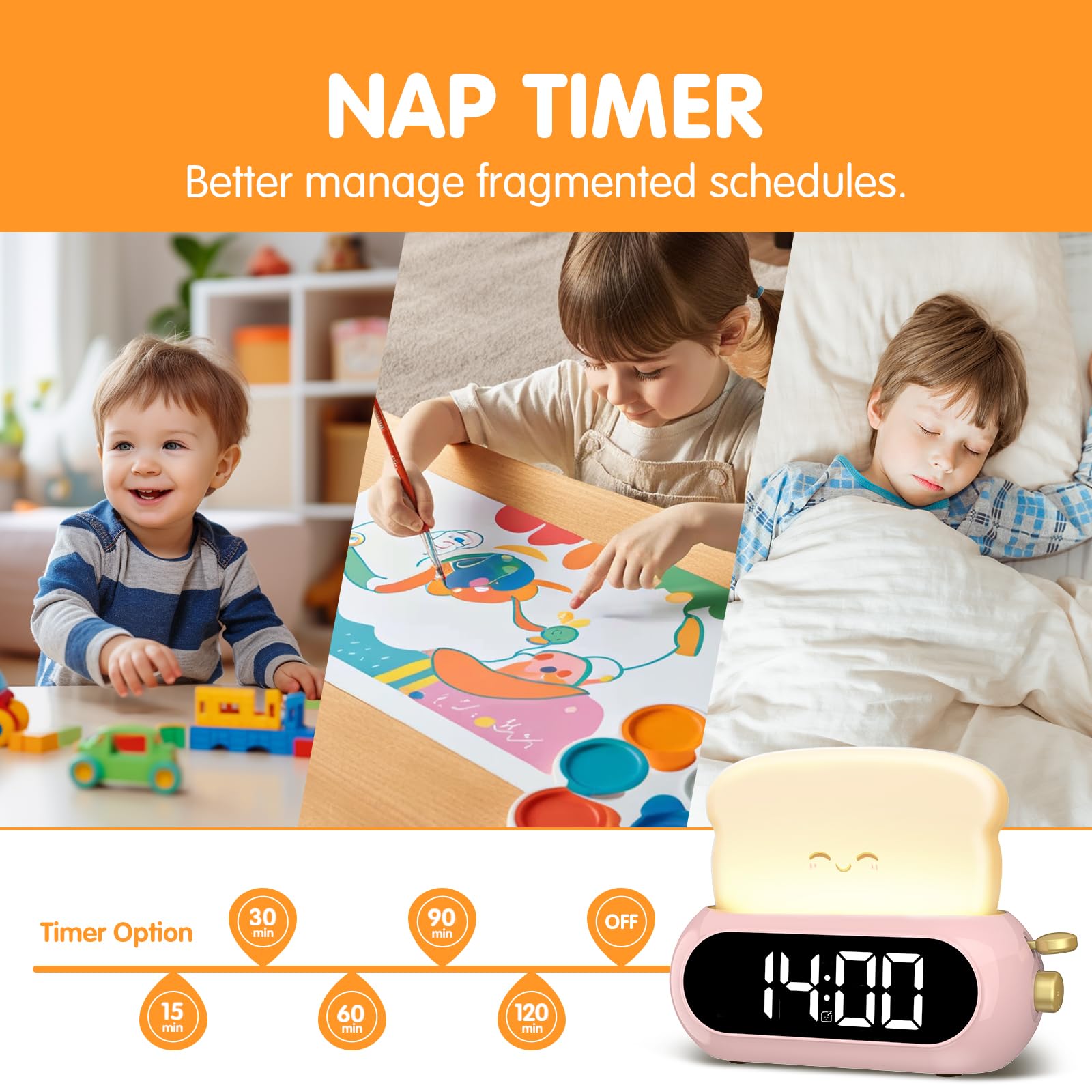 Cute Digital Clock for Bedrooms, Kids Alarm Clocks with Night Light Lamp, 10 Alarm Tones, Adjustable Brightness, Nap Timer, Snoo