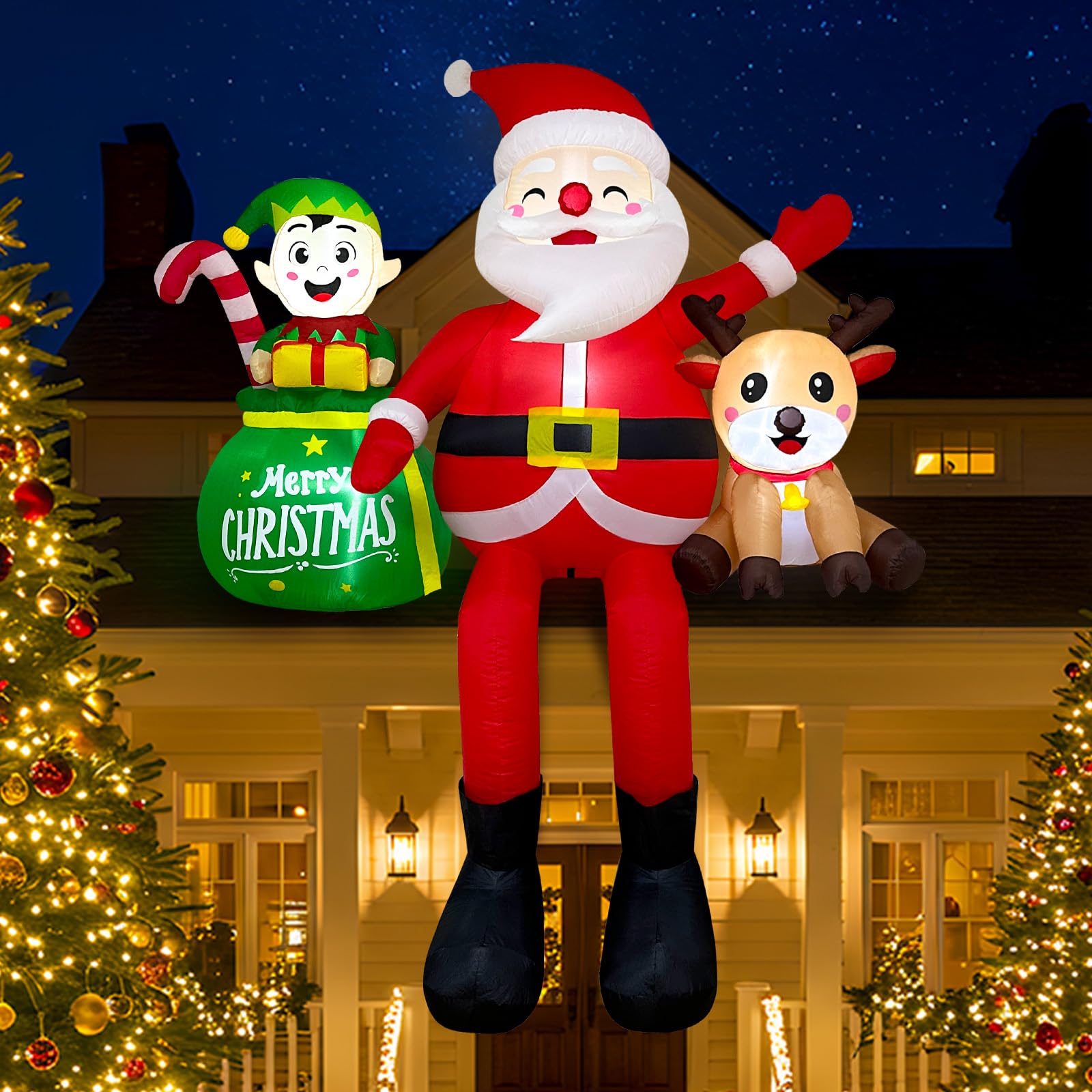 Fayavoo 8FT Christmas Inflatables Outdoor Decorations, Climbing Santa Claus Inflatable Xmas Decor with Elf & Reindeer Built-in L